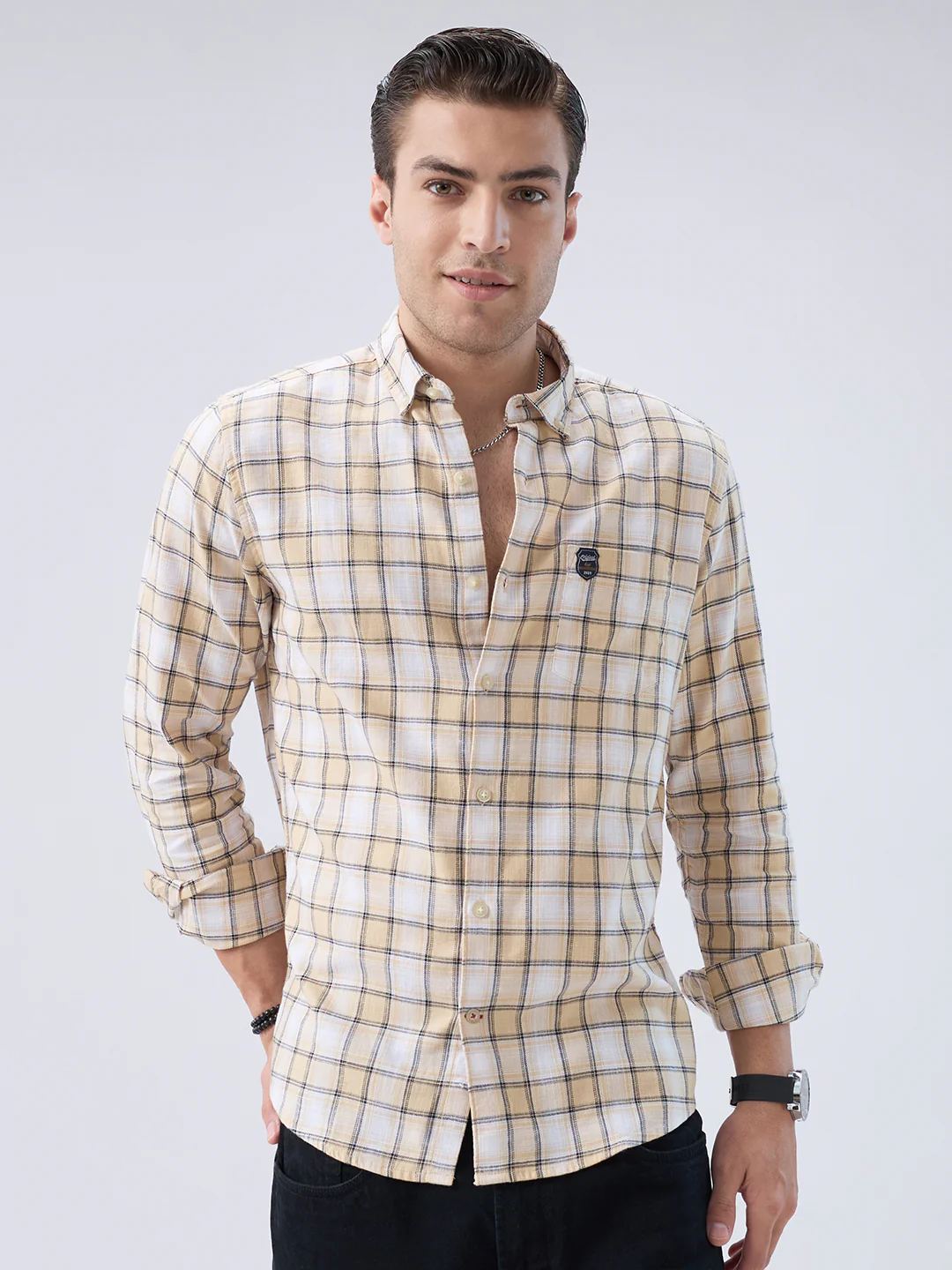 Neutral Beige & Black Windowpane Checks Shirt - Image 4