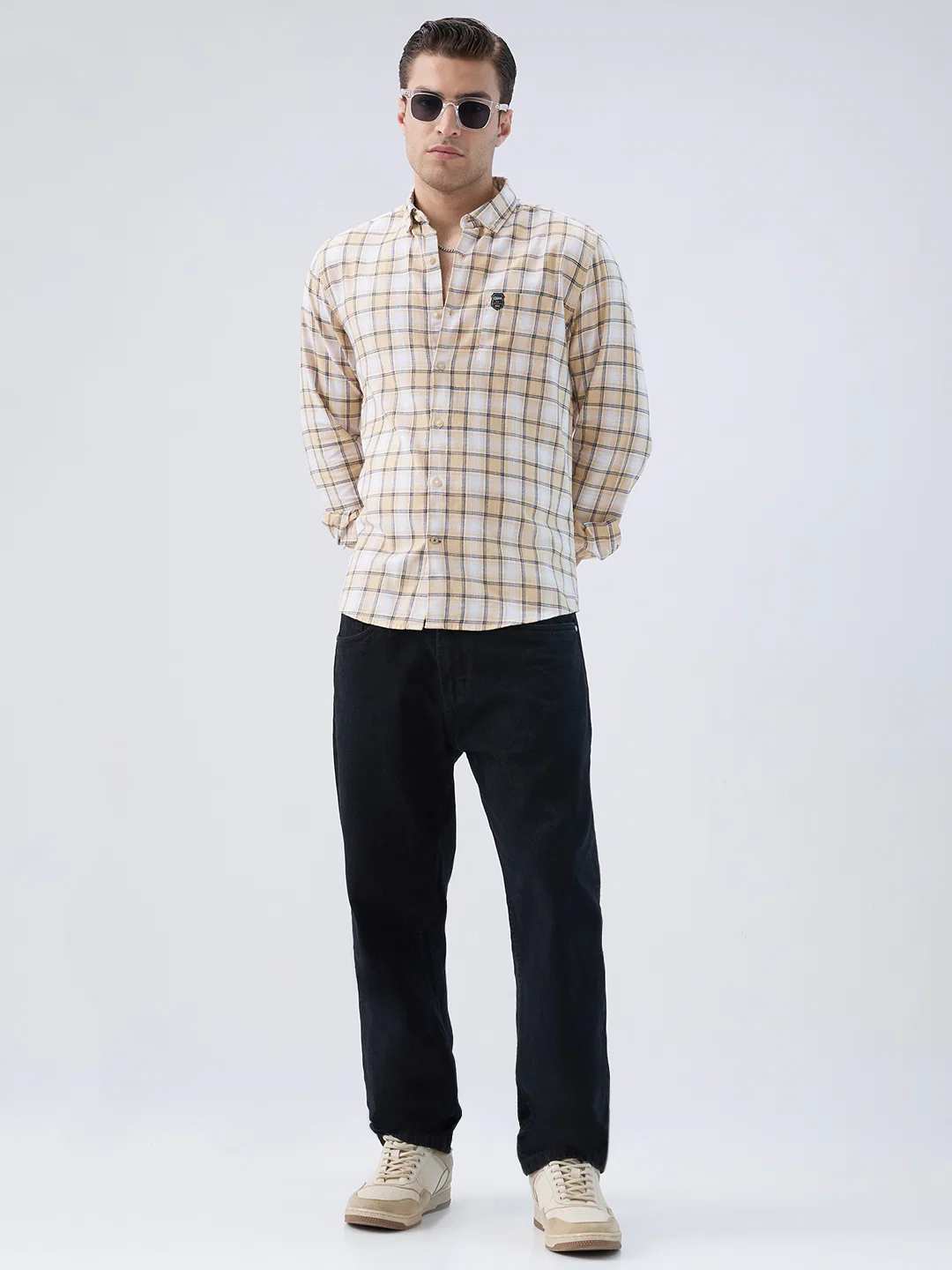 Neutral Beige & Black Windowpane Checks Shirt - Image 8