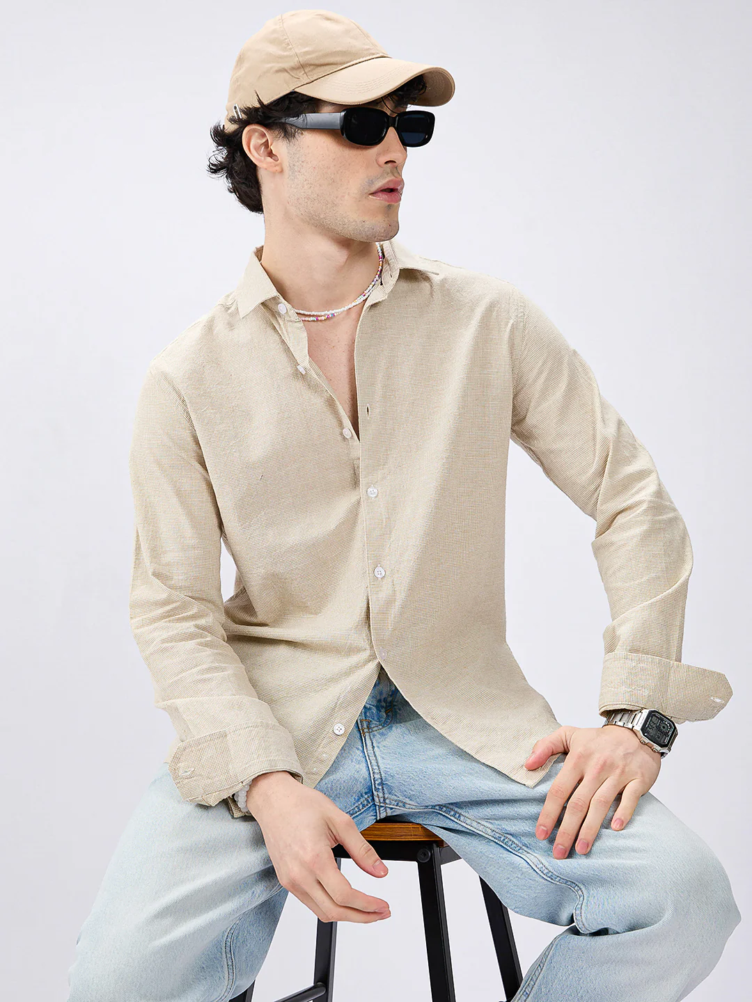 Neutral Beige Micro check Everyday Shirt - Image 2