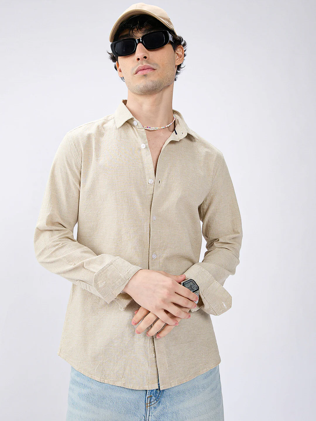 Neutral Beige Micro check Everyday Shirt - Image 4