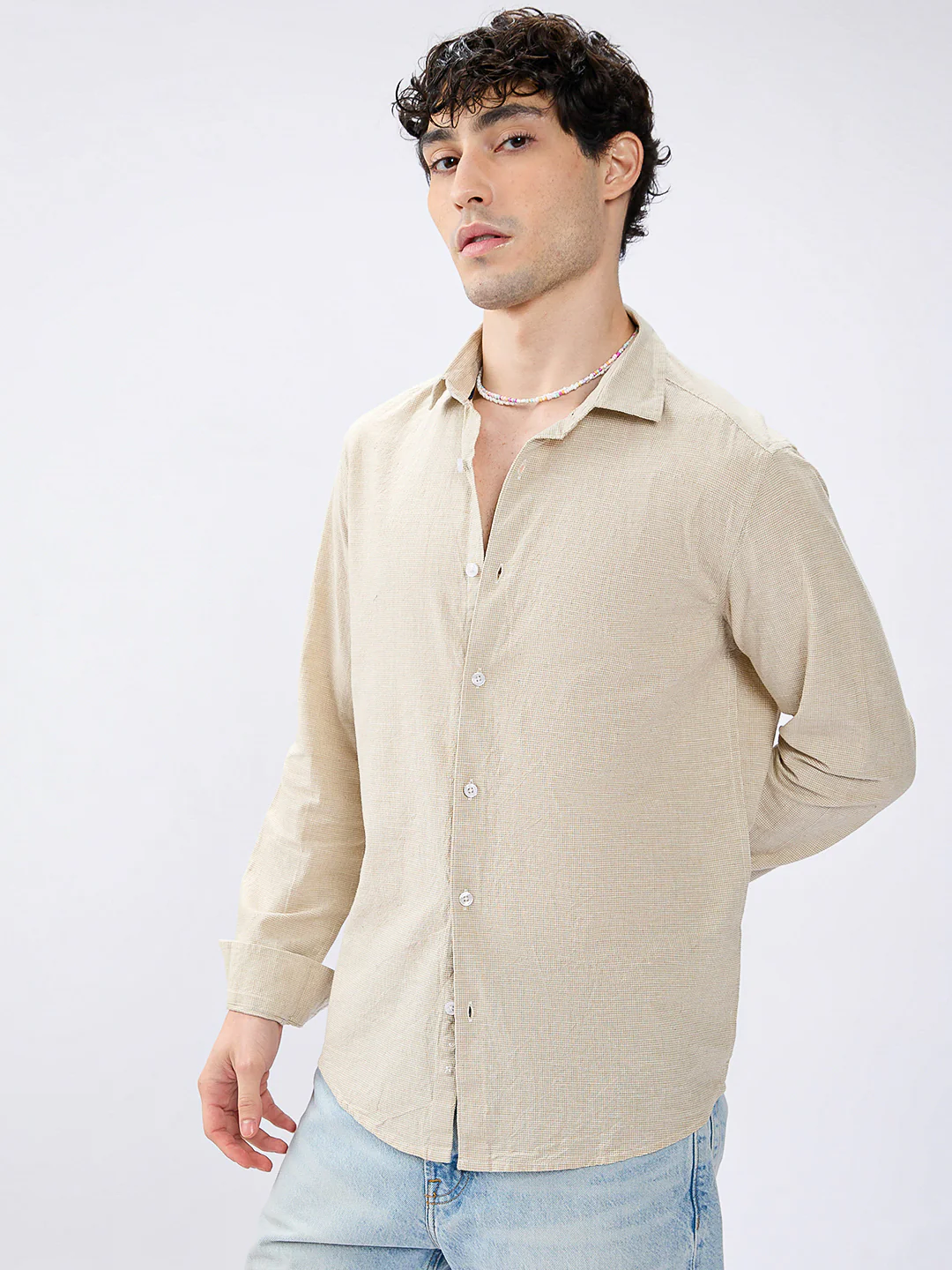 Neutral Beige Micro check Everyday Shirt - Image 5