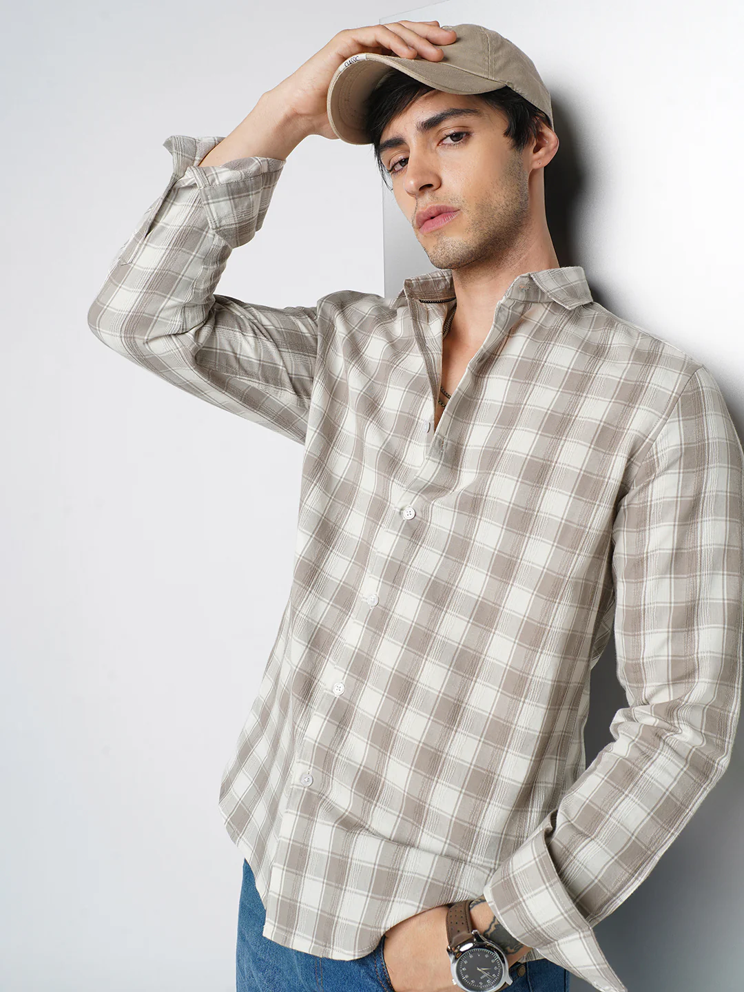 Elegant White & Grey Jacquard Checks Shirt