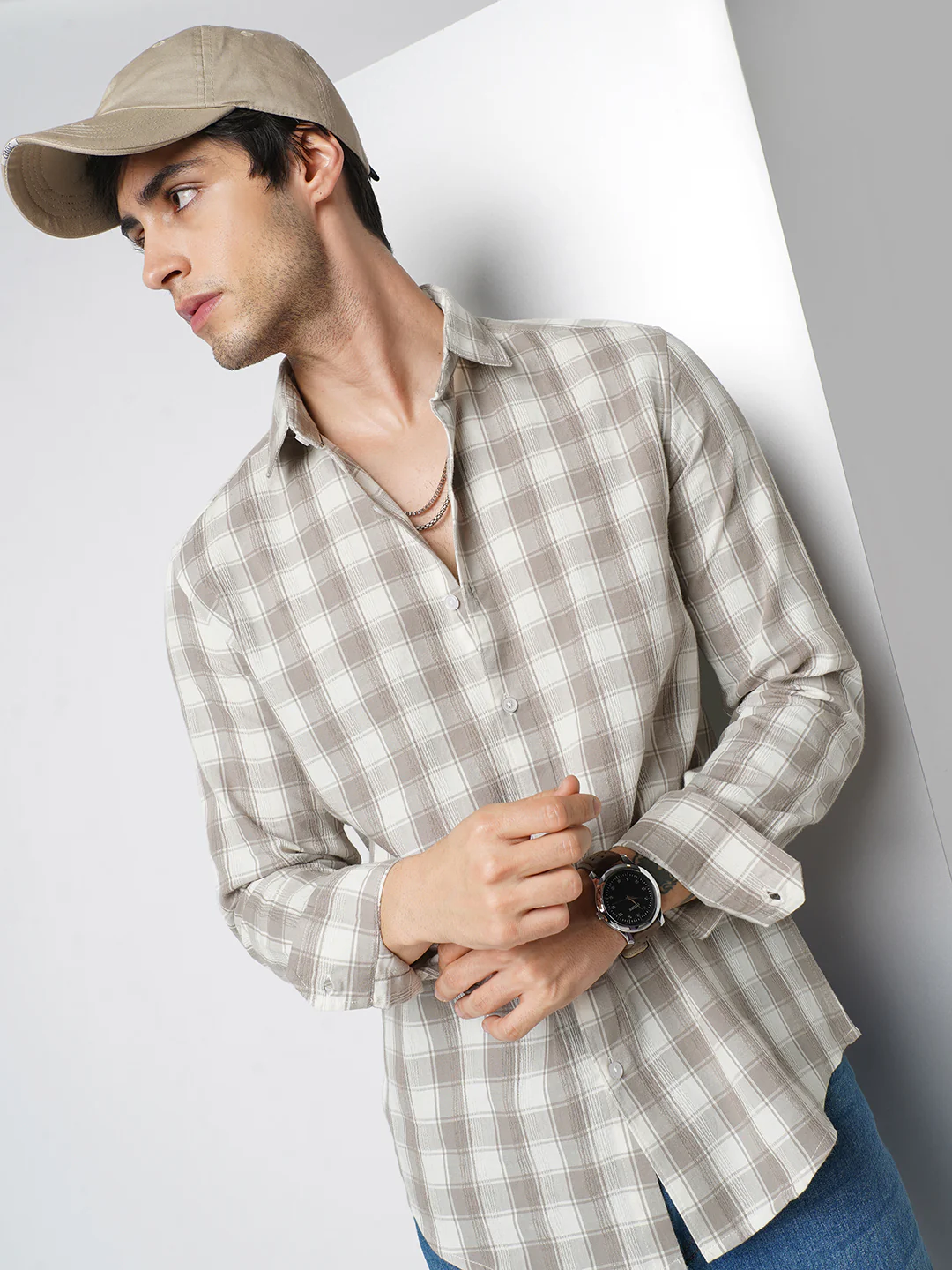 Elegant White & Grey Jacquard Checks Shirt - Image 4