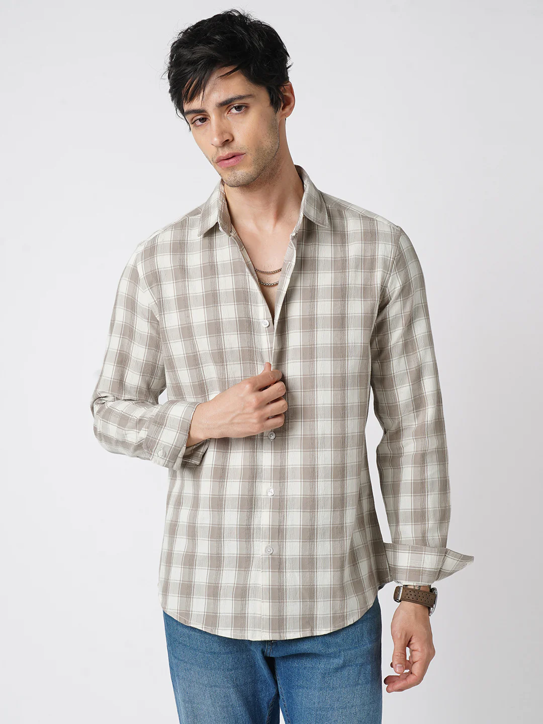 Elegant White & Grey Jacquard Checks Shirt - Image 5