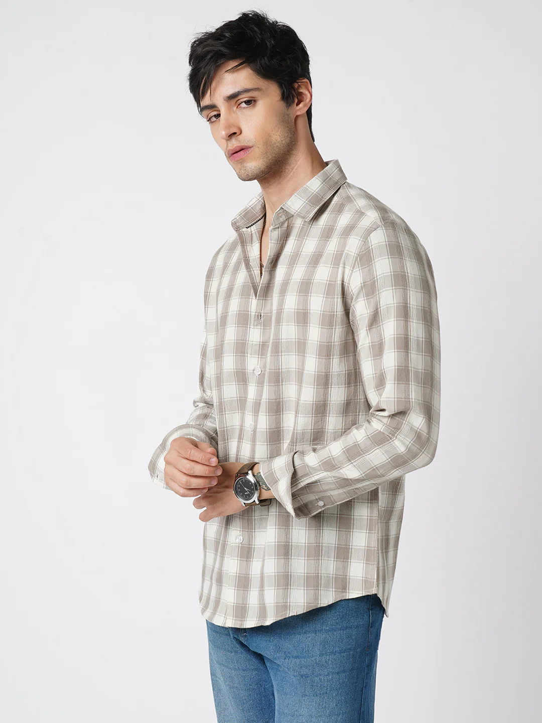 Elegant White & Grey Jacquard Checks Shirt - Image 6