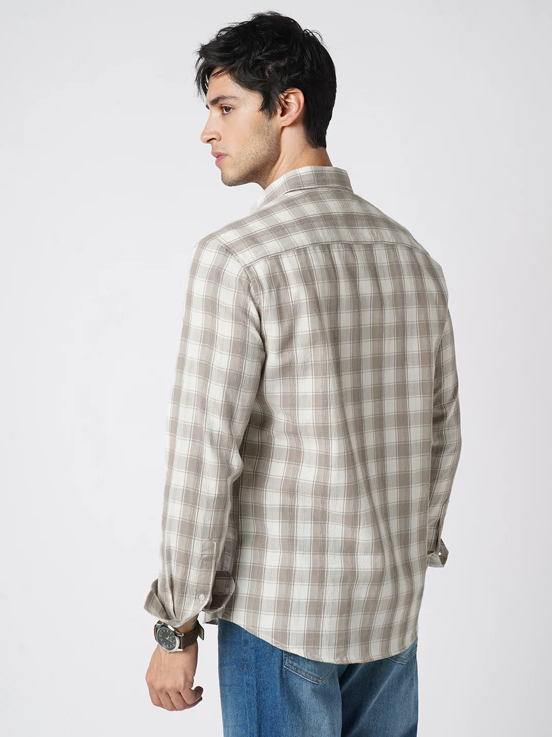 Elegant White & Grey Jacquard Checks Shirt - Image 7