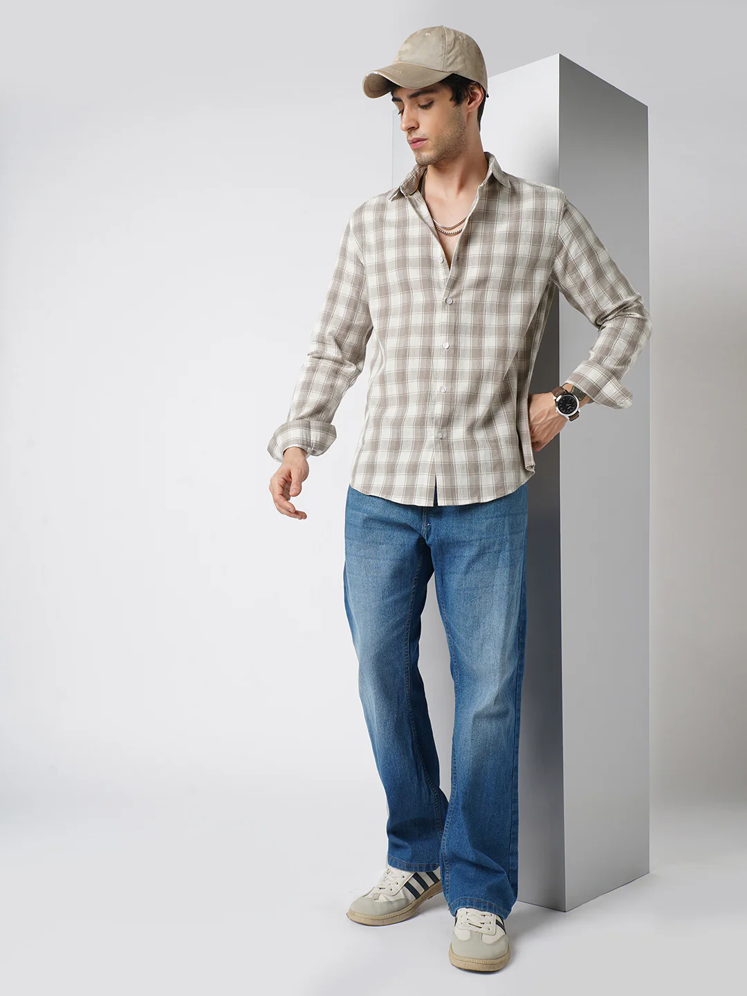 Elegant White & Grey Jacquard Checks Shirt - Image 8
