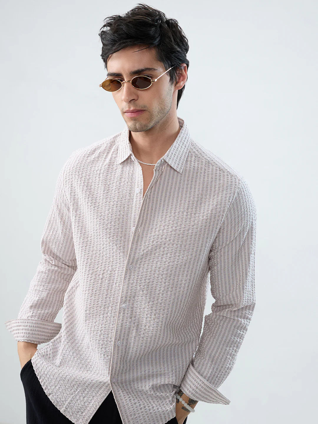 Neutral Tone Fine Stripe Seersucker Shirt - Image 2