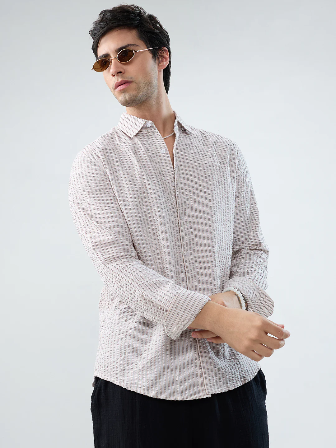 Neutral Tone Fine Stripe Seersucker Shirt - Image 4