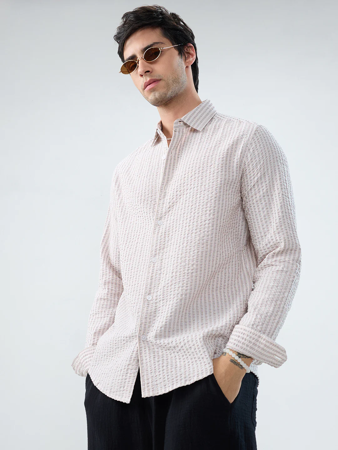 Neutral Tone Fine Stripe Seersucker Shirt - Image 5