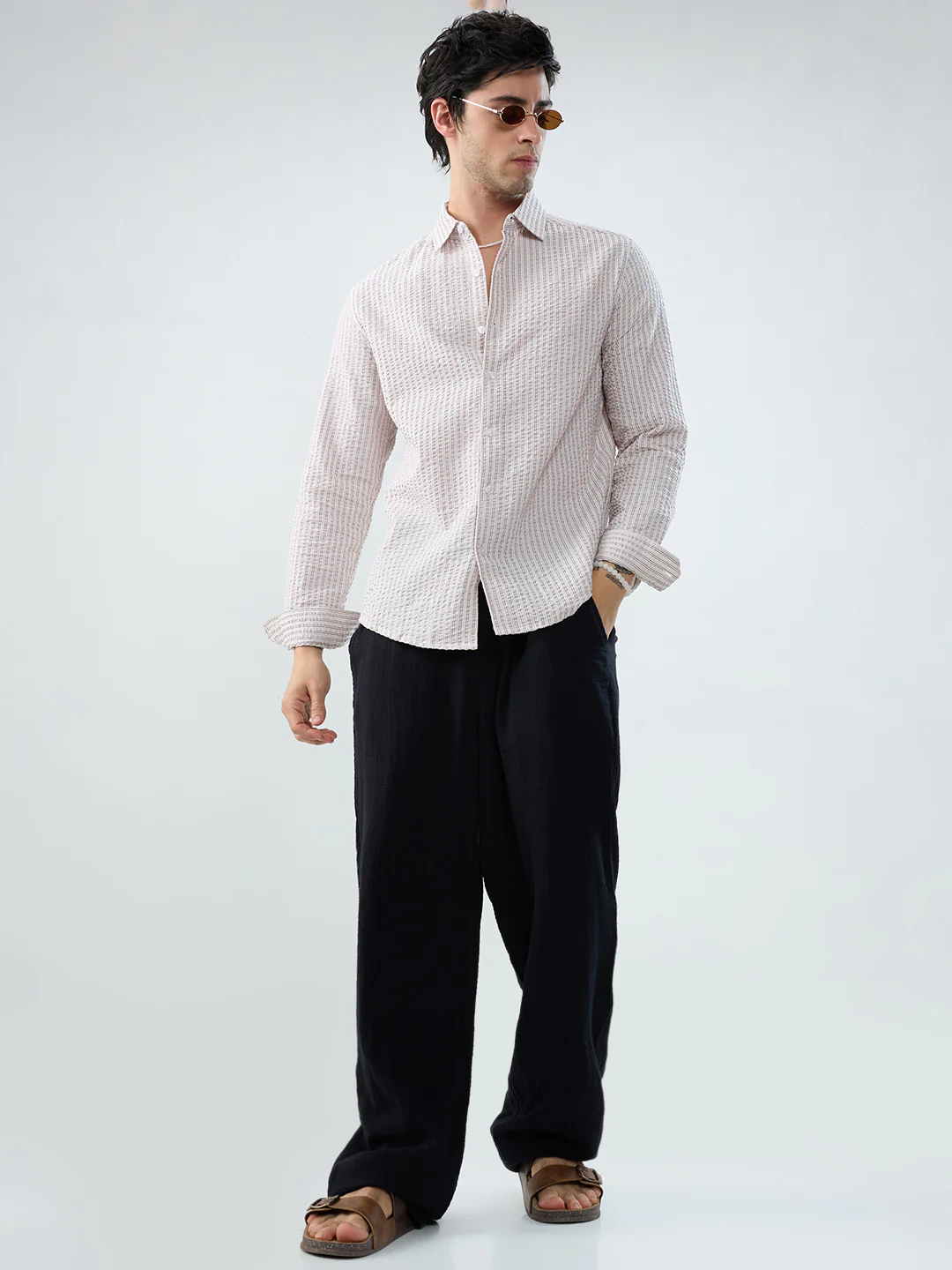 Neutral Tone Fine Stripe Seersucker Shirt - Image 7