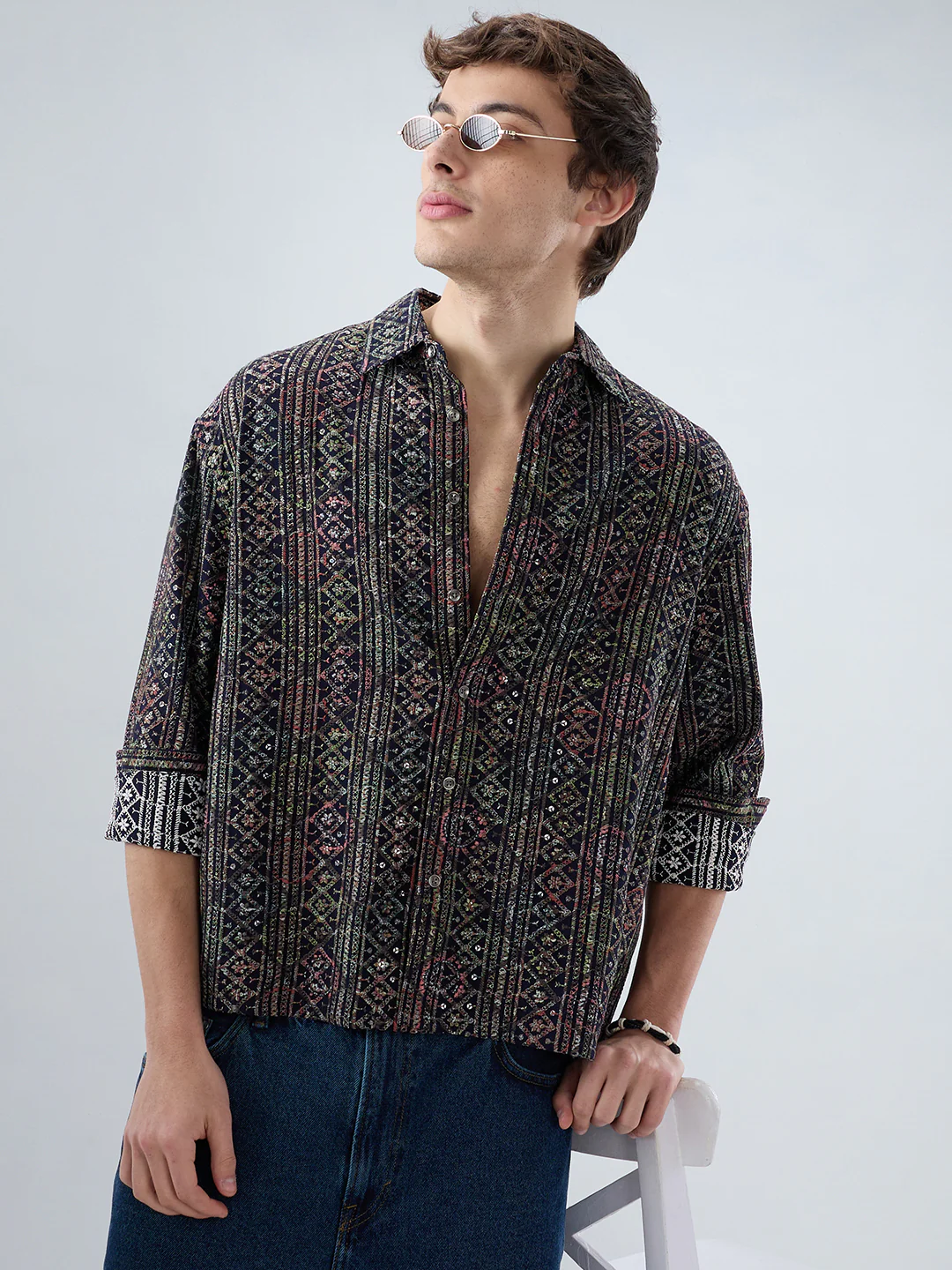 Noor Drop Black Sequin Lozenge Embroidered Boxy Fit Crop Shirt