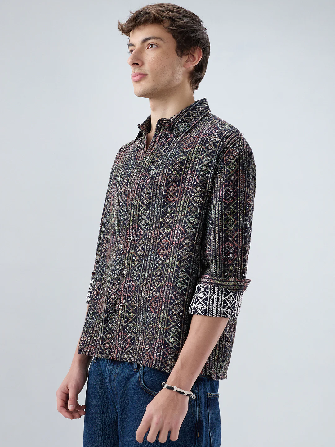 Noor Drop Black Sequin Lozenge Embroidered Boxy Fit Crop Shirt - Image 5