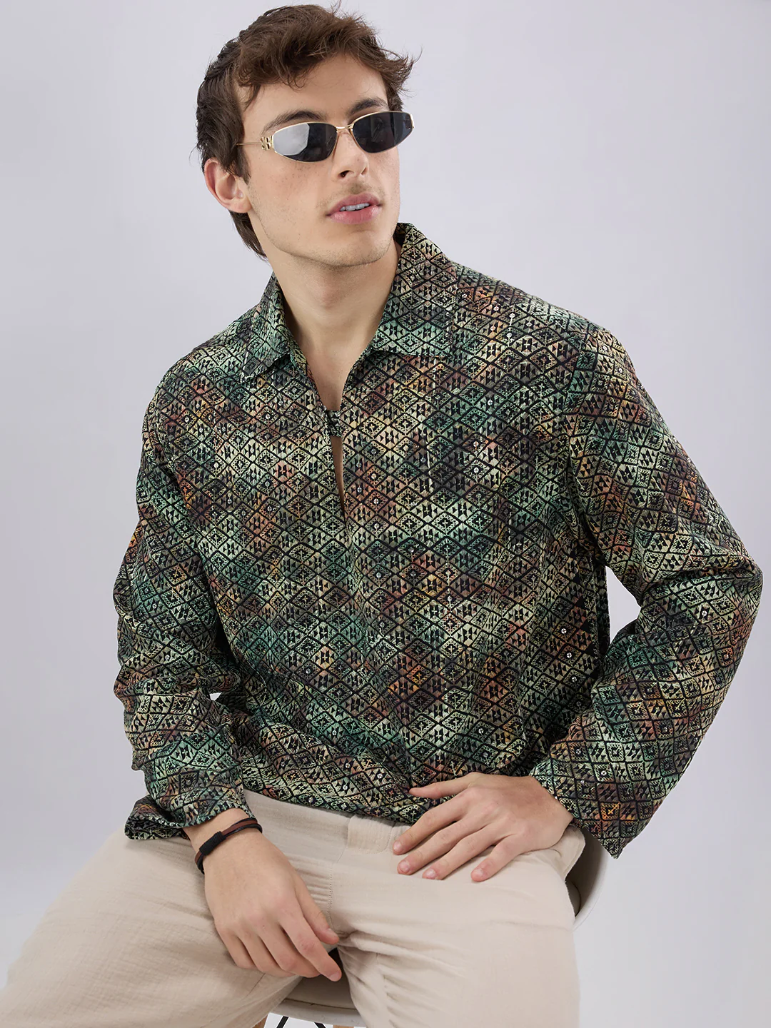 Noor Green Sequin Embroidered Cuffless Oversized Shirt - Image 2
