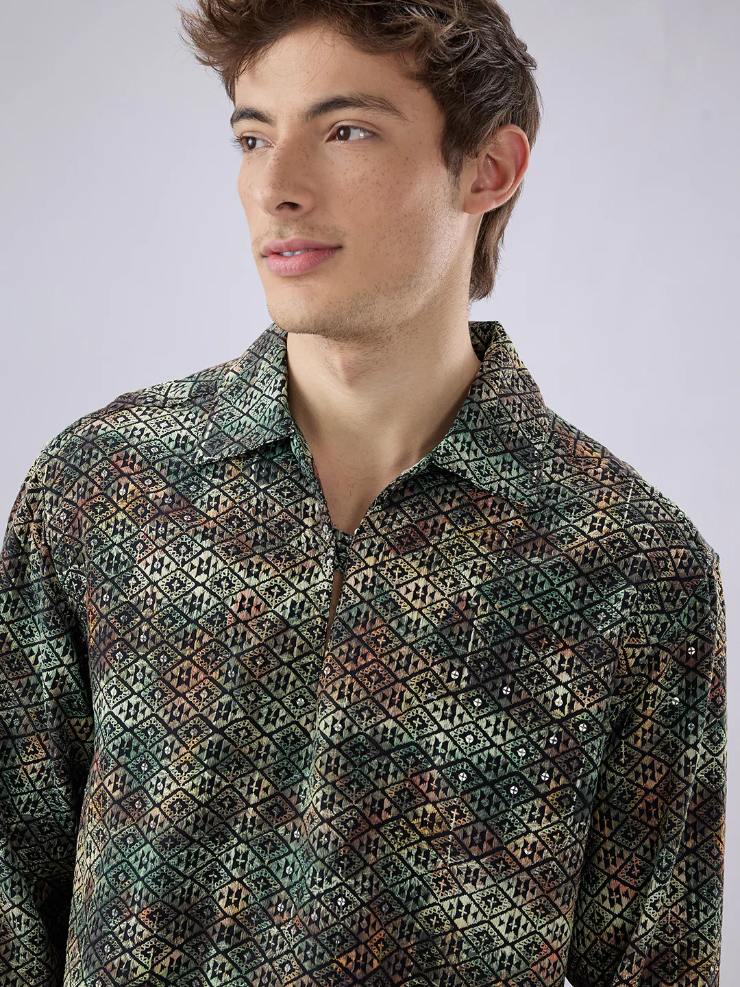 Noor Green Sequin Embroidered Cuffless Oversized Shirt - Image 3