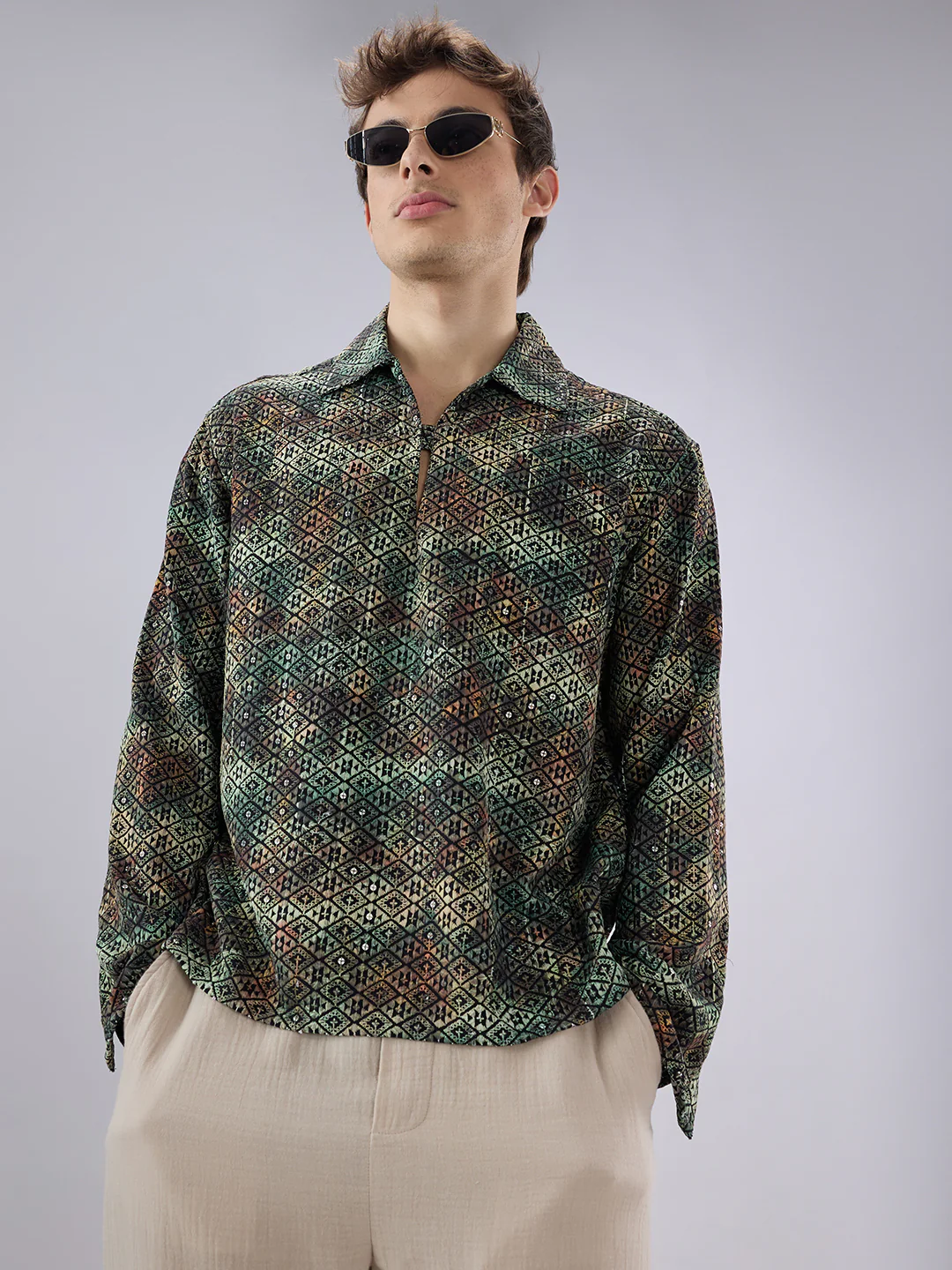 Noor Green Sequin Embroidered Cuffless Oversized Shirt - Image 4