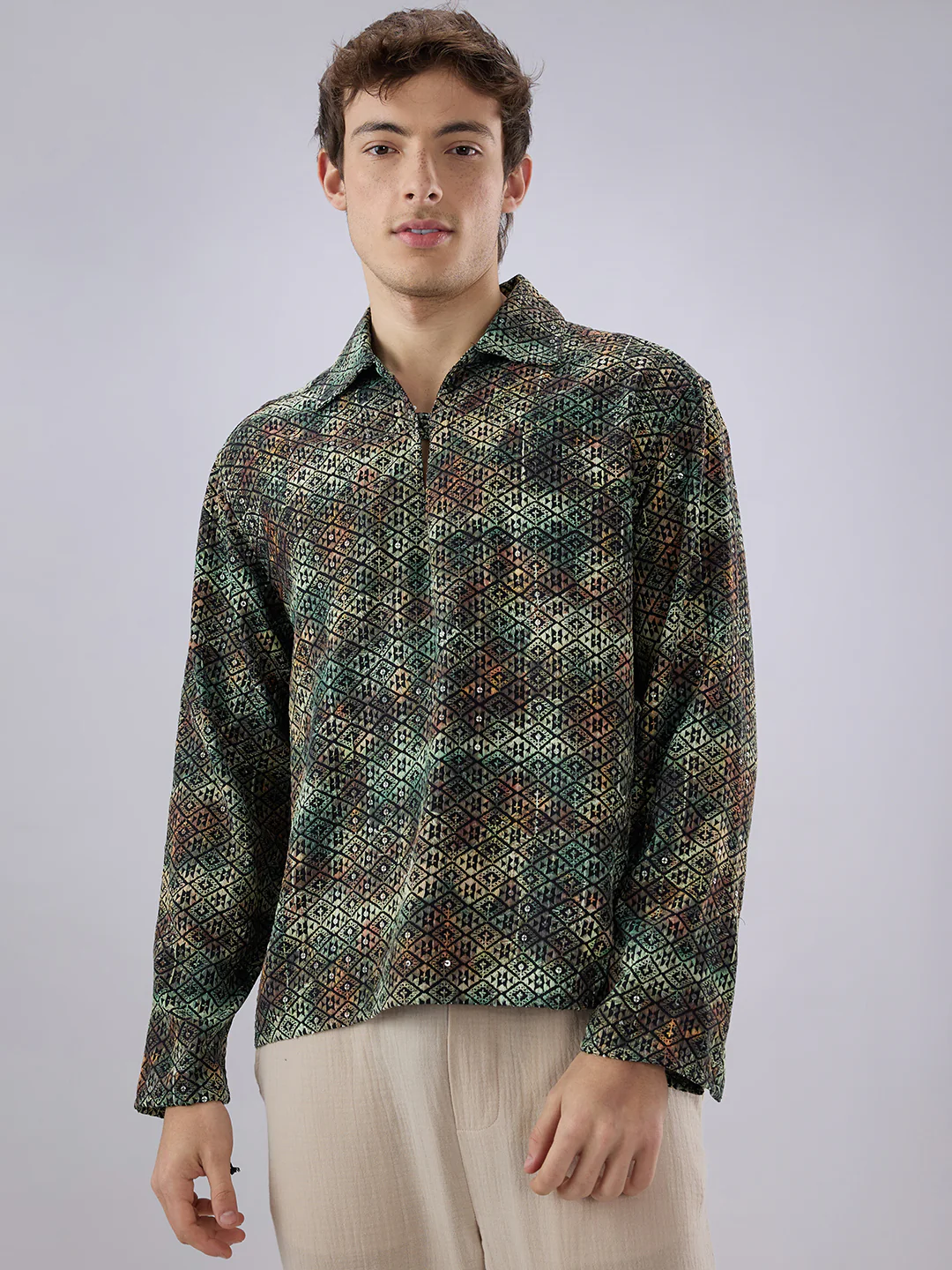Noor Green Sequin Embroidered Cuffless Oversized Shirt - Image 5