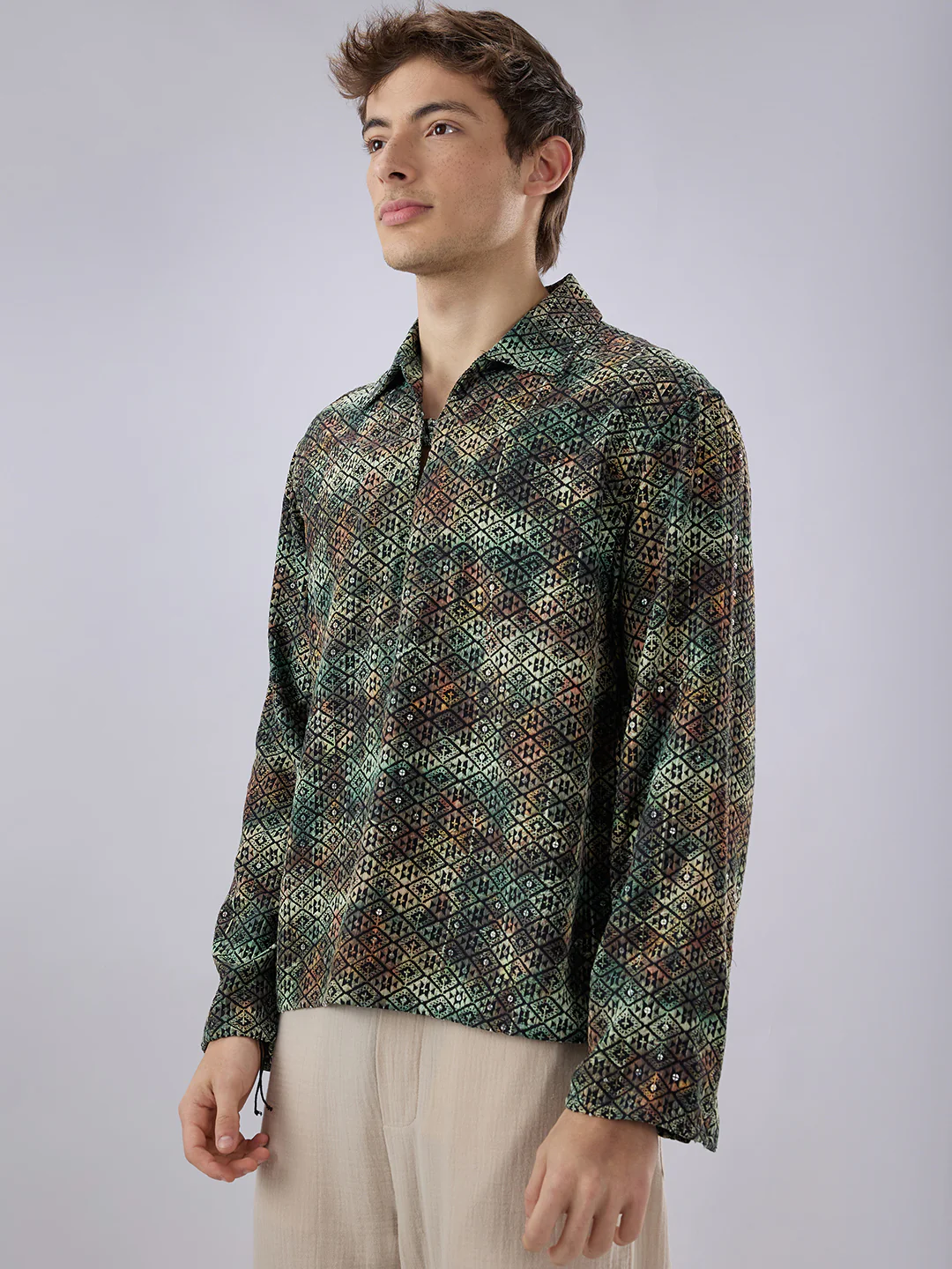 Noor Green Sequin Embroidered Cuffless Oversized Shirt - Image 6