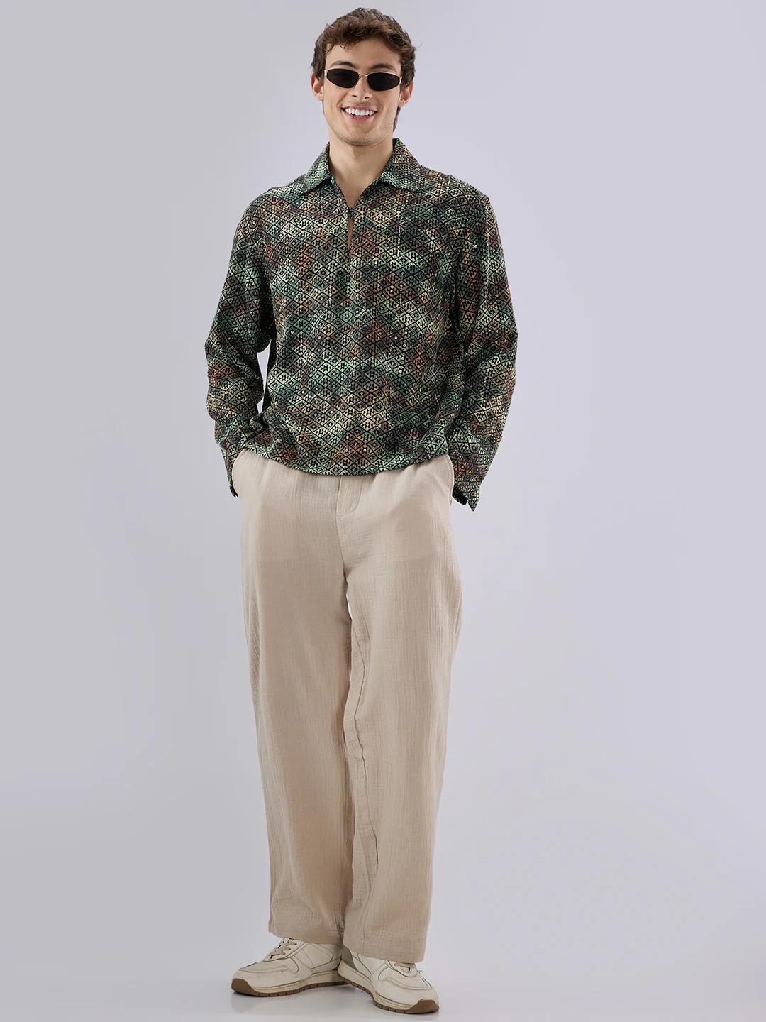 Noor Green Sequin Embroidered Cuffless Oversized Shirt - Image 8