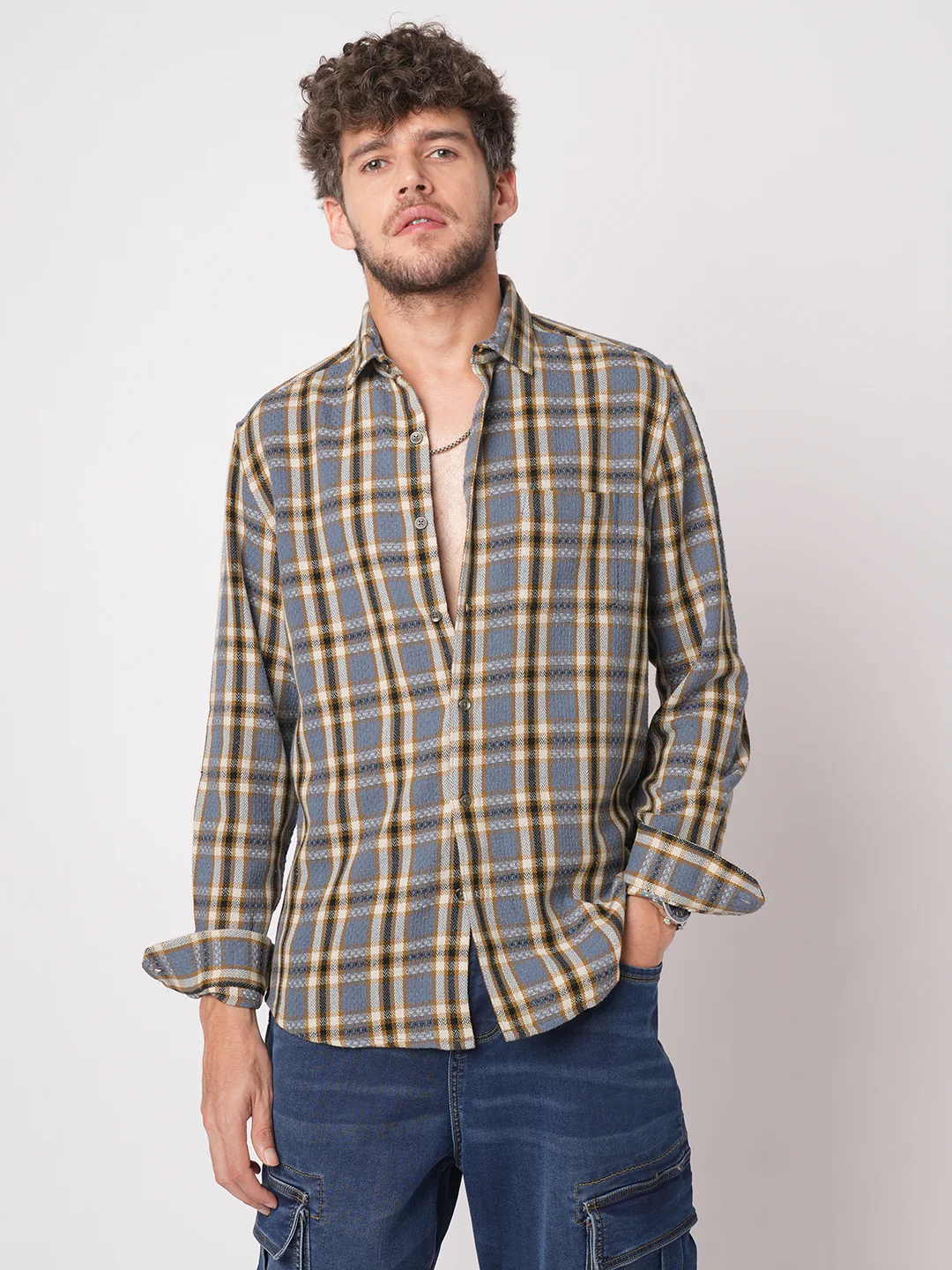Ocean Blue Chevron Checkered Woven Shirt - Image 4