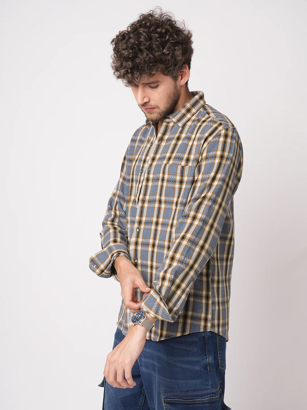 Ocean Blue Chevron Checkered Woven Shirt - Image 5