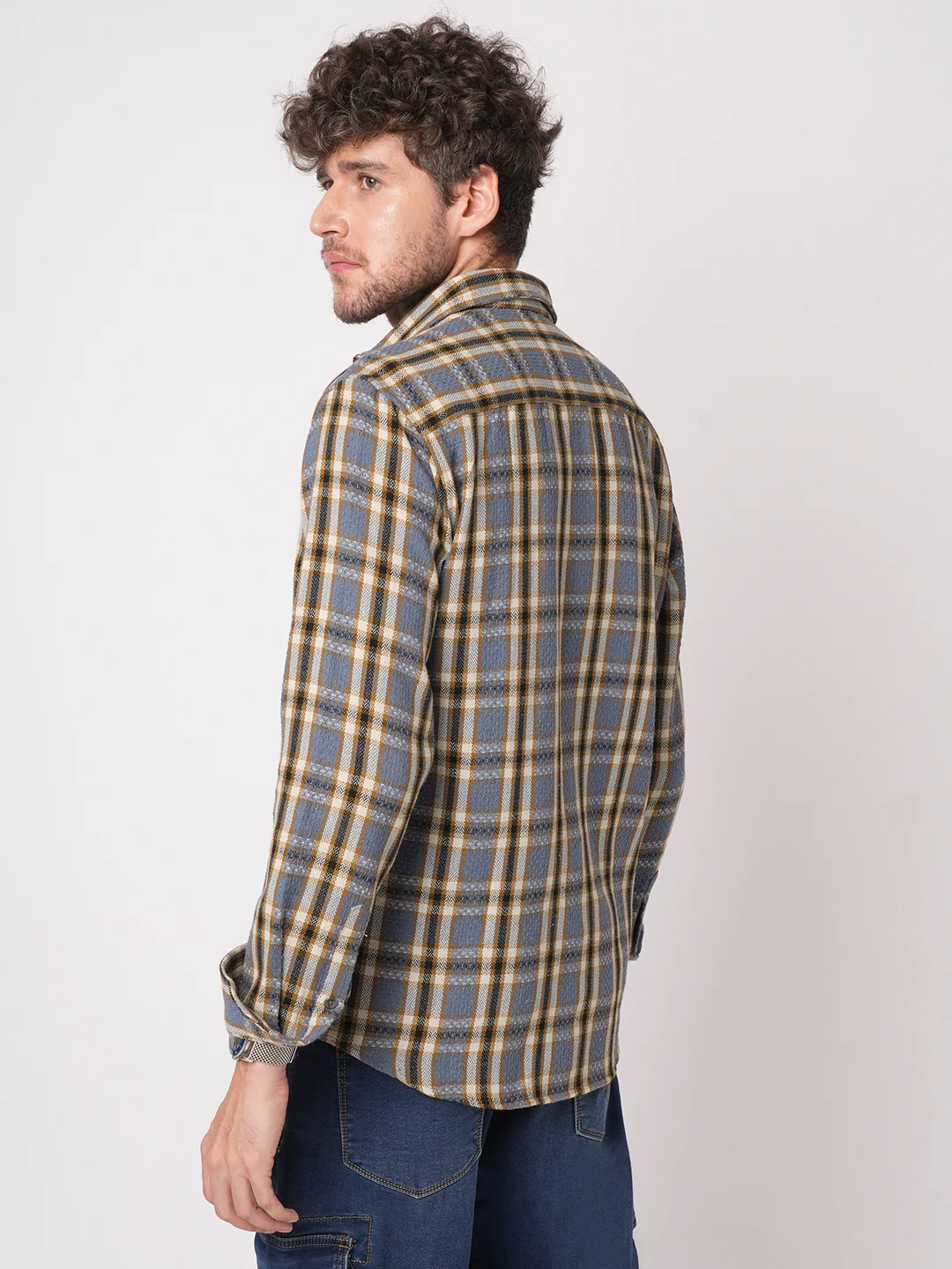 Ocean Blue Chevron Checkered Woven Shirt - Image 6