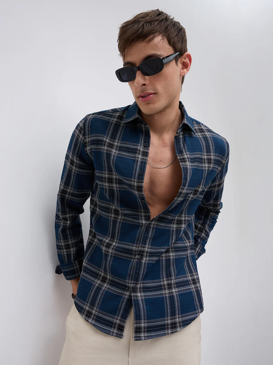 Ocean Blue Contrast Plaid Checks Shirt - Image 4
