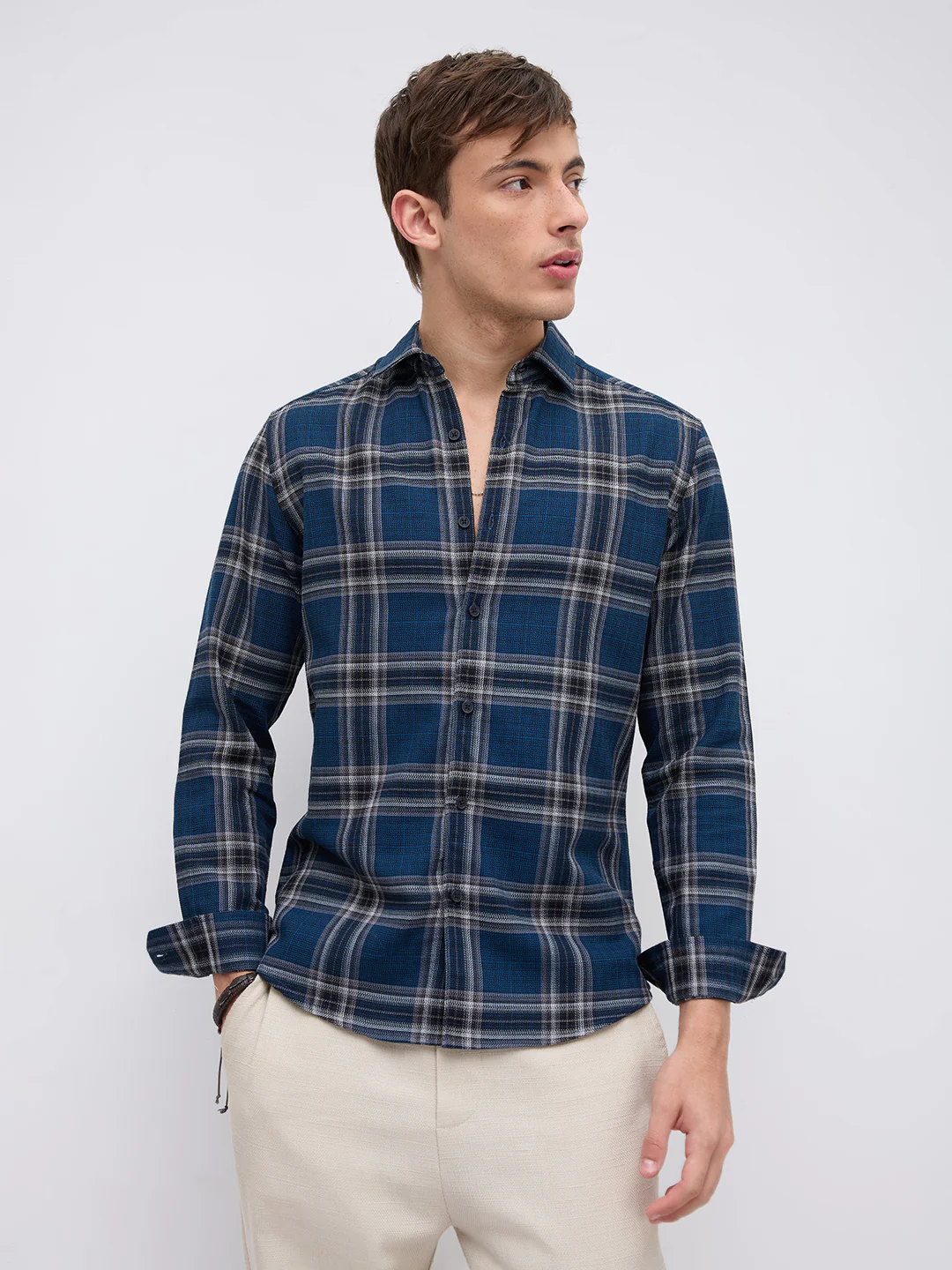 Ocean Blue Contrast Plaid Checks Shirt - Image 5
