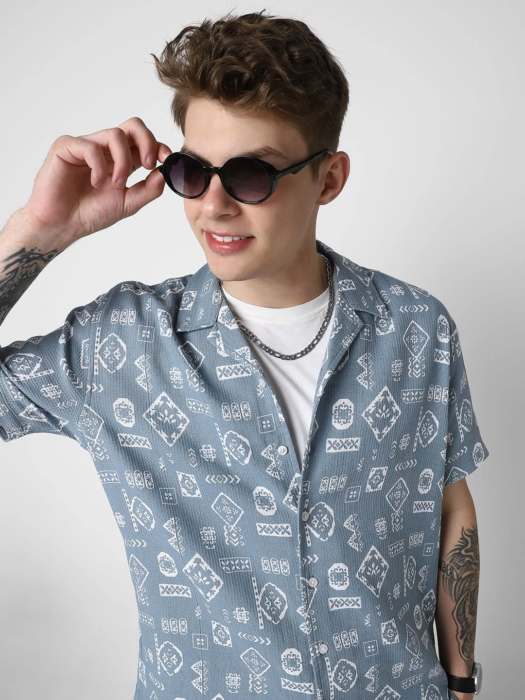 Ocean Blue Intricate Printed Oversized Shirt - Image 2