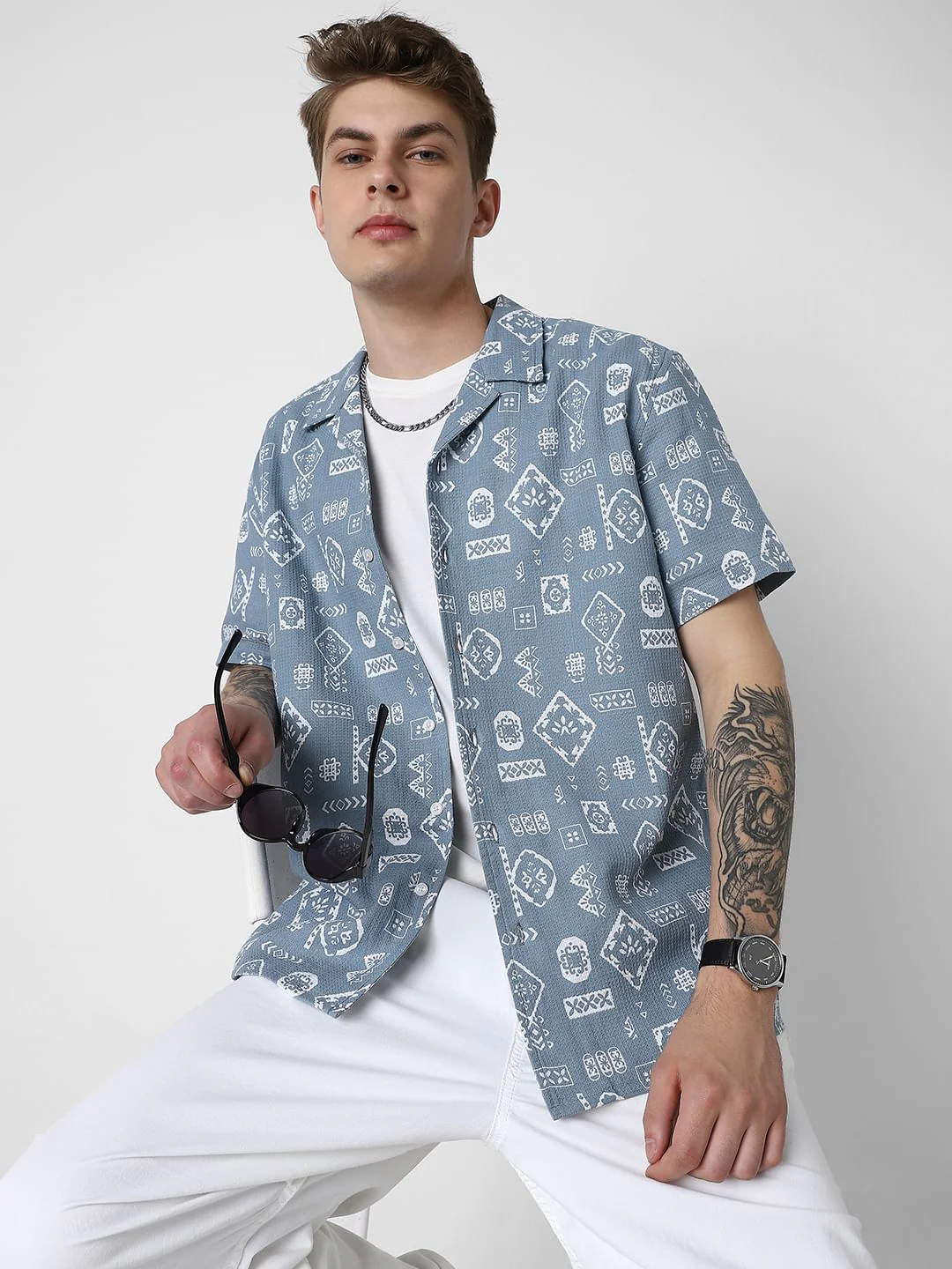 Ocean Blue Intricate Printed Oversized Shirt - Image 4