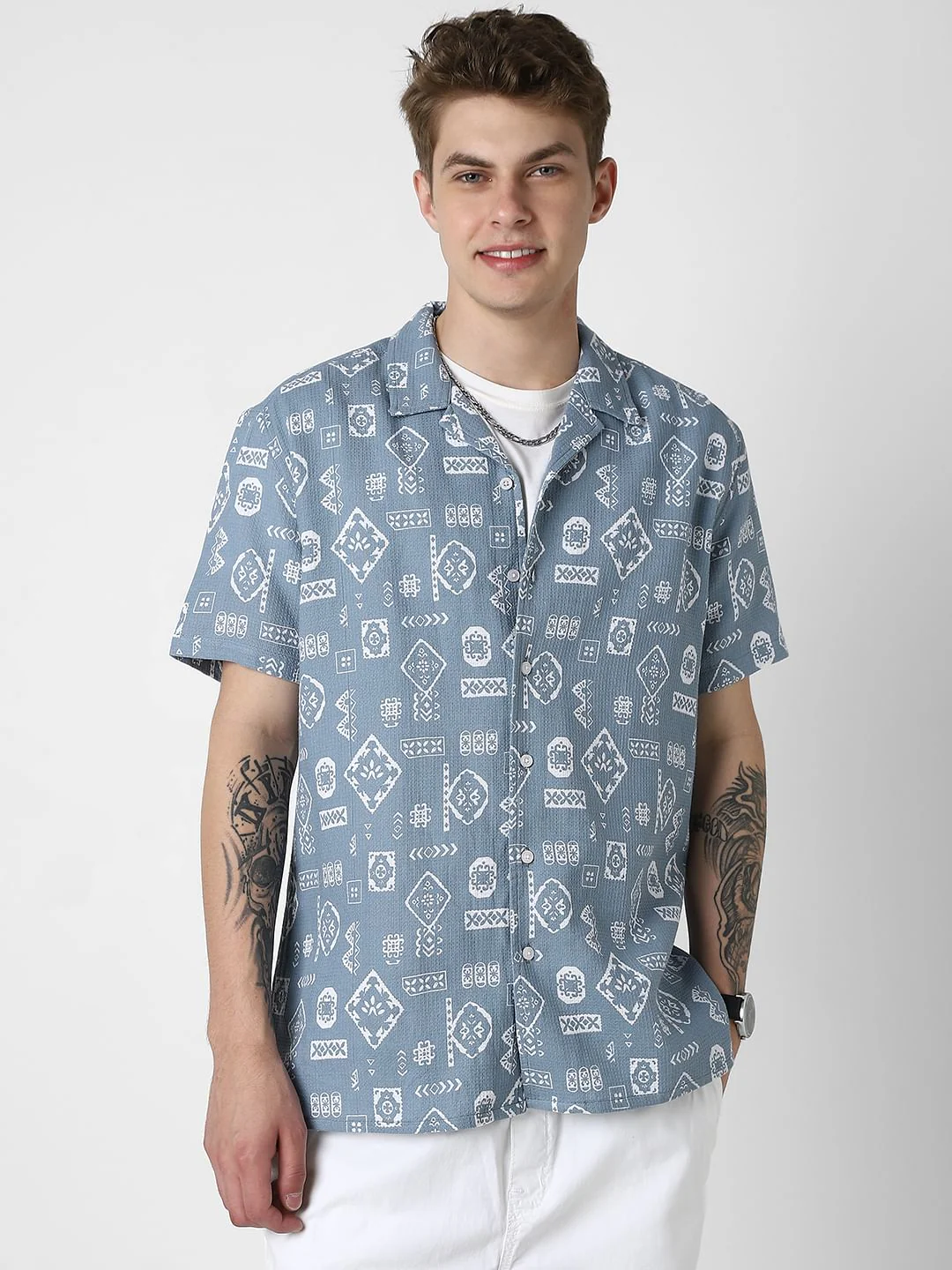 Ocean Blue Intricate Printed Oversized Shirt - Image 5
