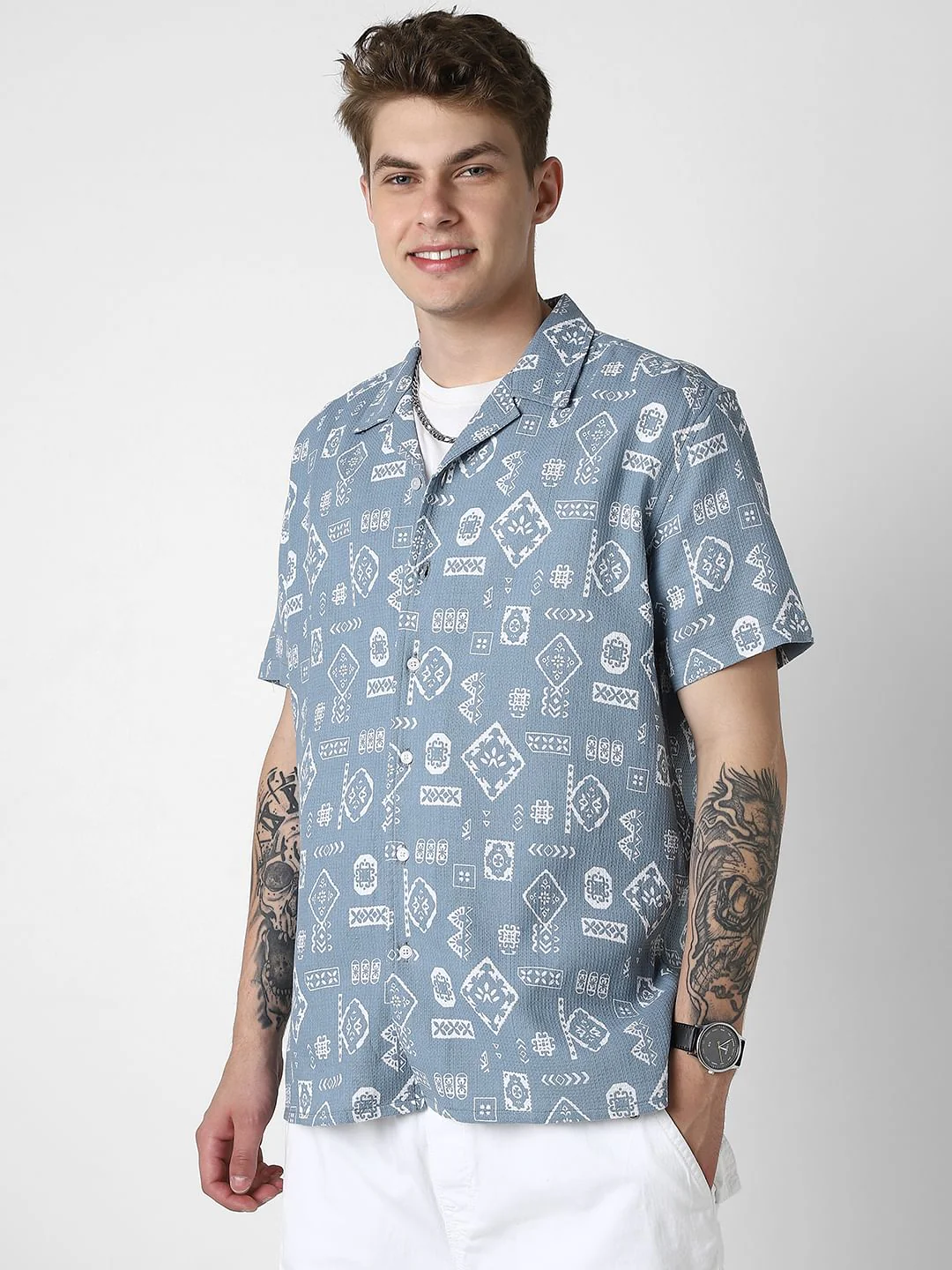 Ocean Blue Intricate Printed Oversized Shirt - Image 6