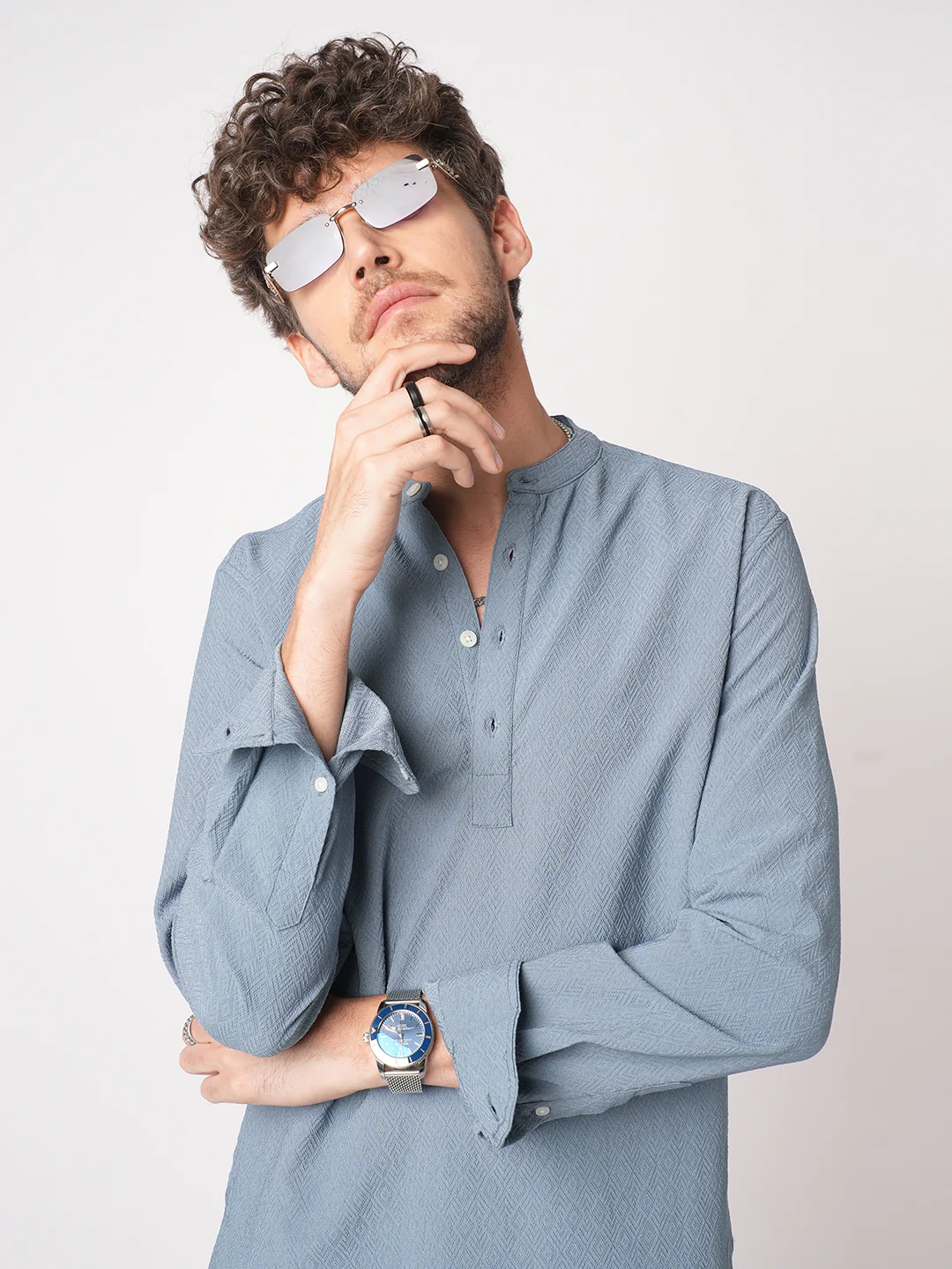 Ocean Blue Lozenge Textured Kurta - Image 2