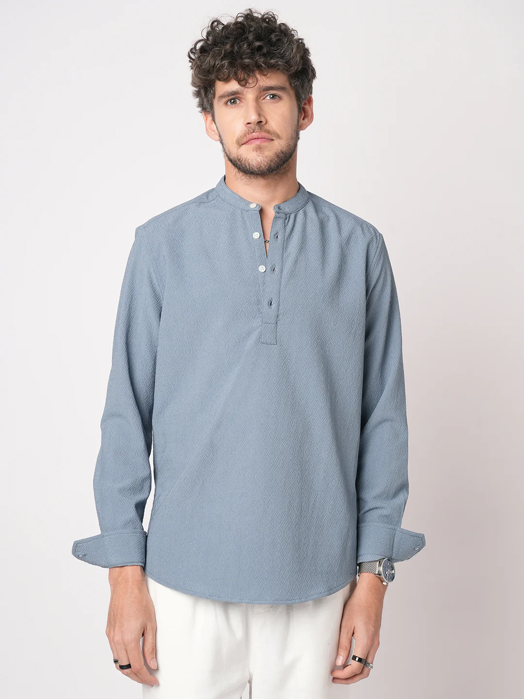 Ocean Blue Lozenge Textured Kurta - Image 4