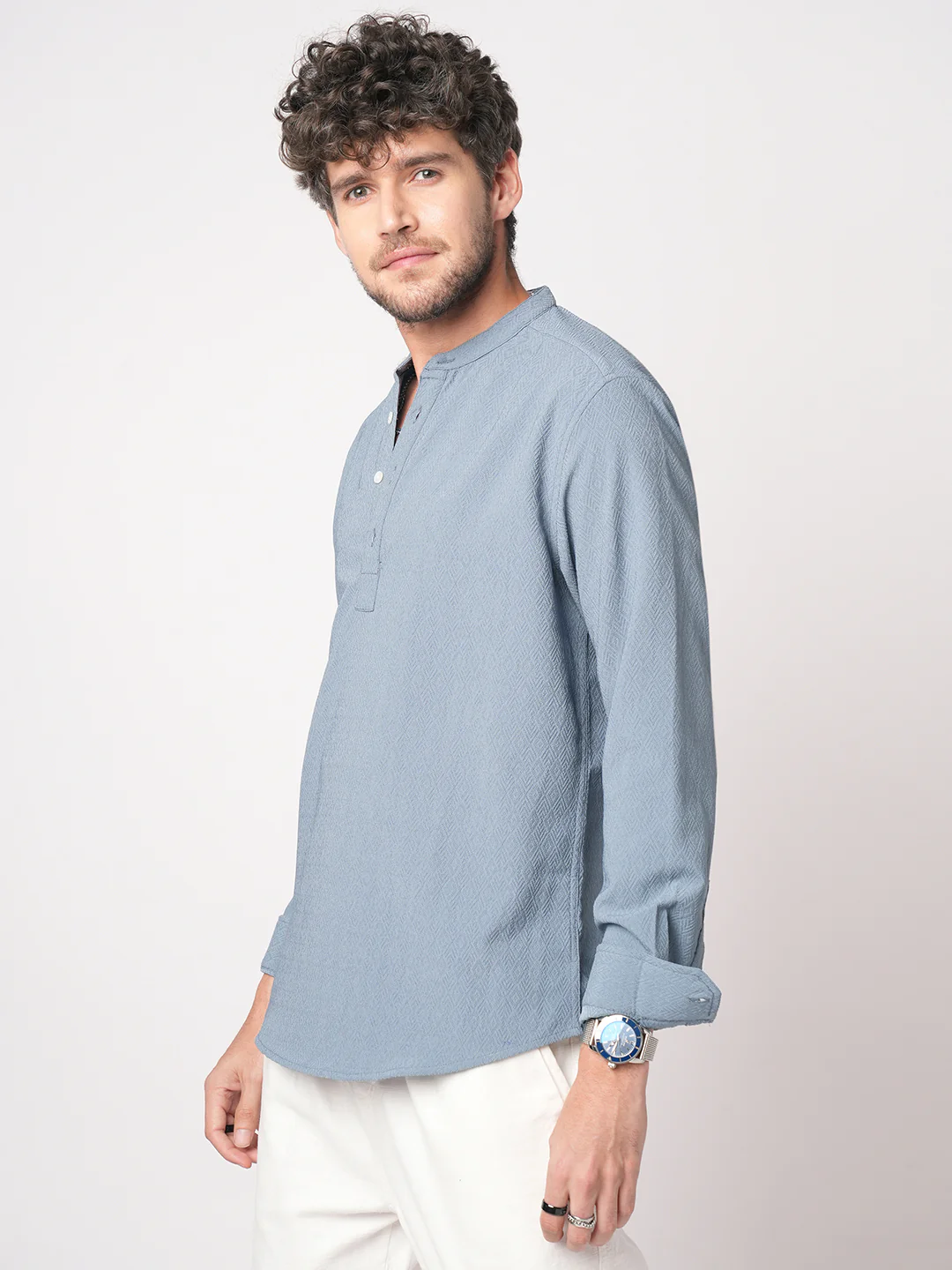 Ocean Blue Lozenge Textured Kurta - Image 5