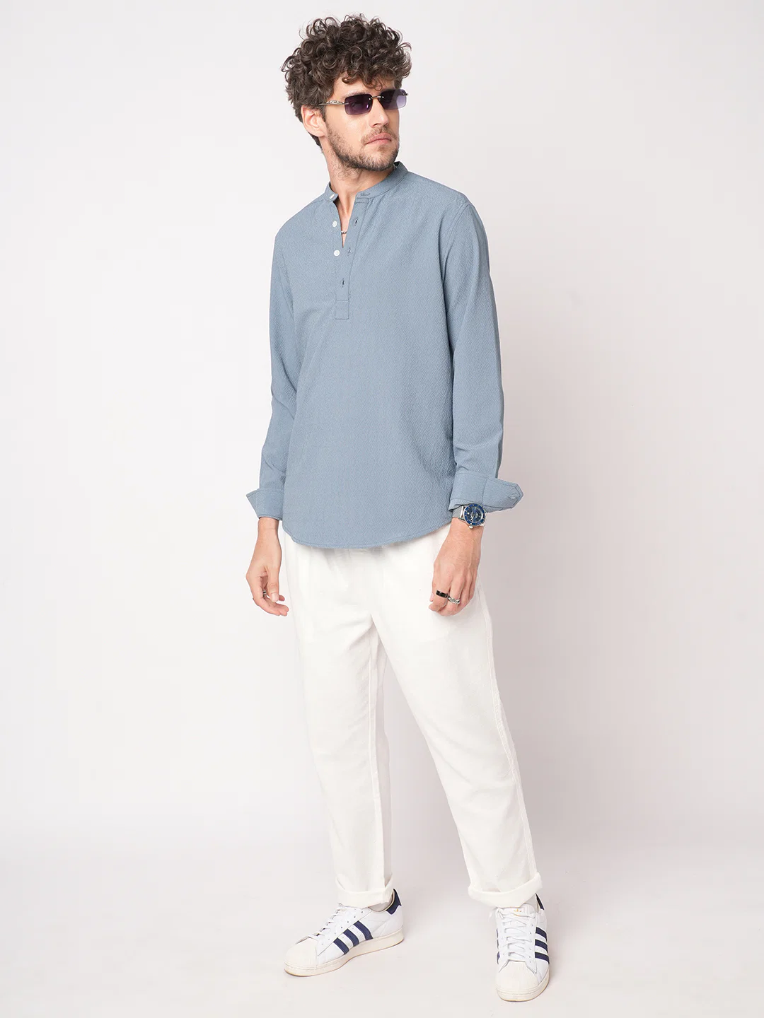 Ocean Blue Lozenge Textured Kurta - Image 7