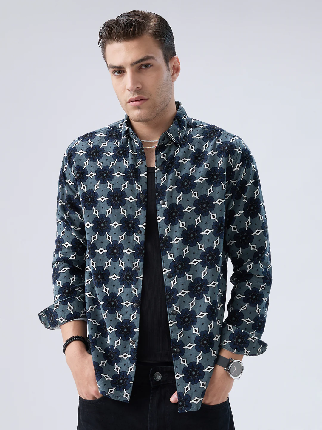 Ocean Blue Motif Bloom Corduroy Shirt - Image 4