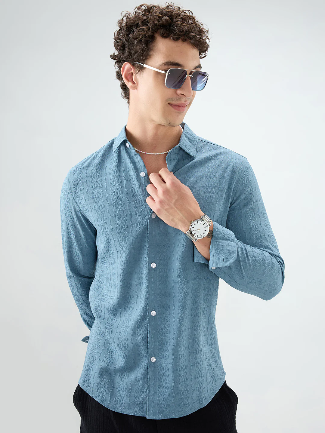 Ocean Teal Motif Raised Textured Crinkled Shirt - Image 2