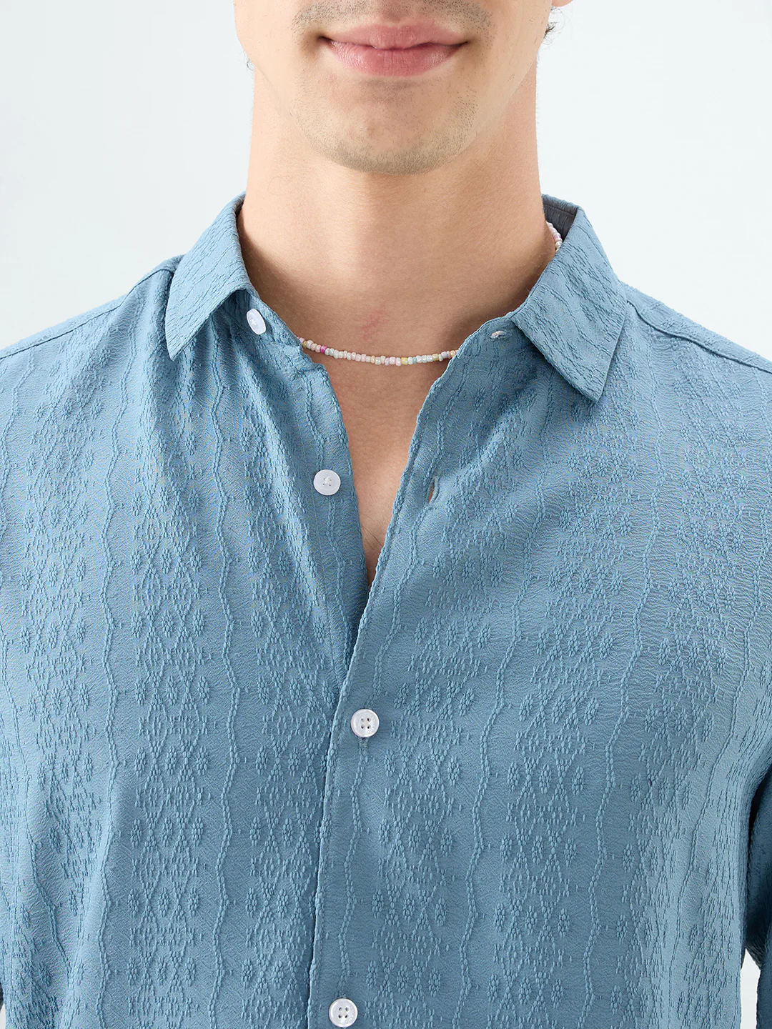 Ocean Teal Motif Raised Textured Crinkled Shirt - Image 3
