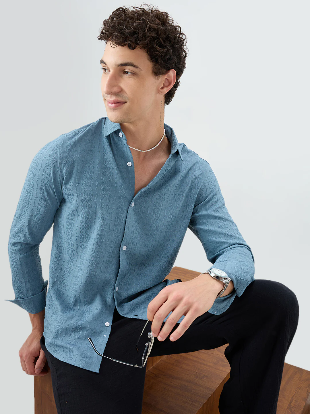 Ocean Teal Motif Raised Textured Crinkled Shirt - Image 4