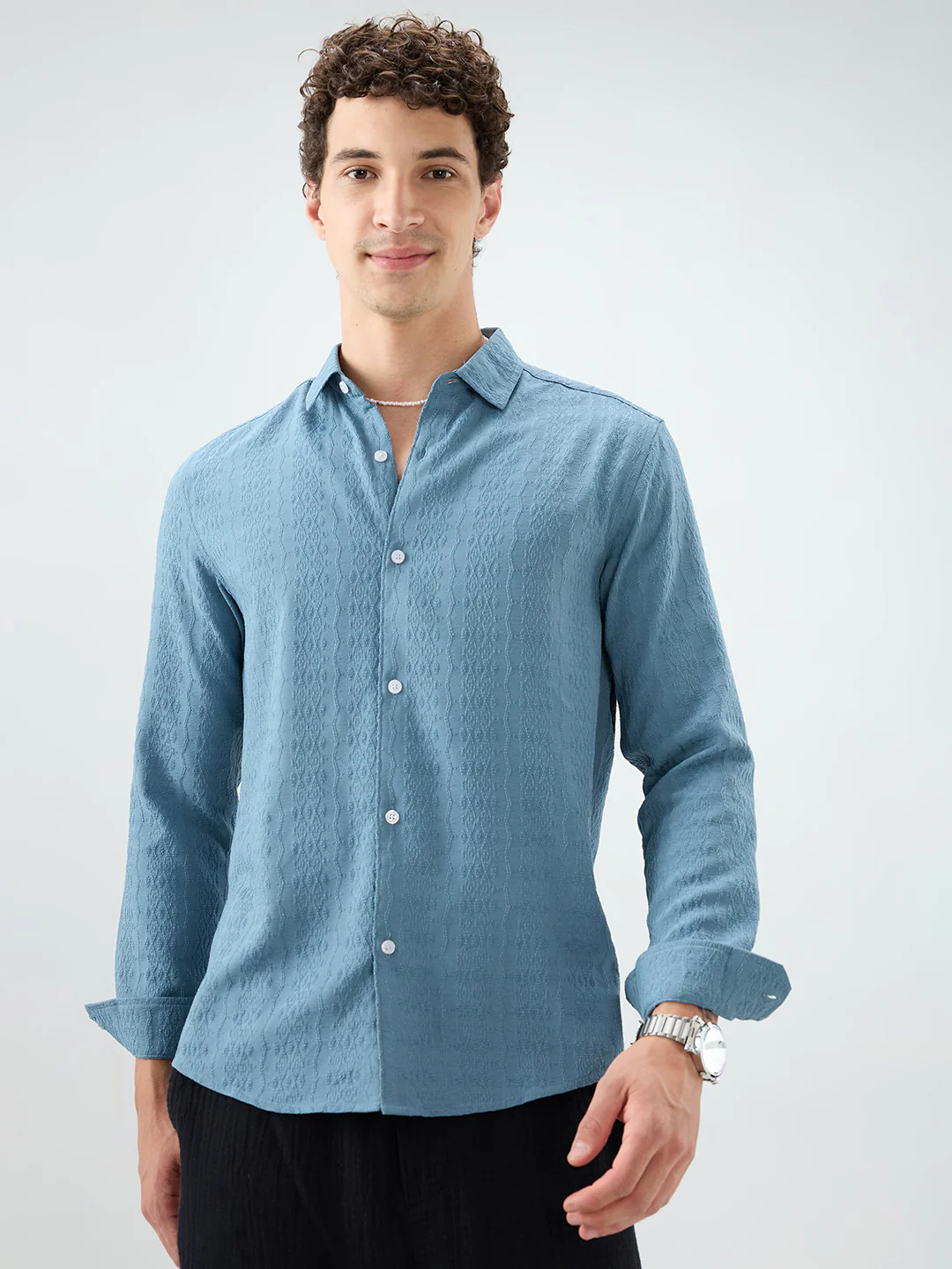 Ocean Teal Motif Raised Textured Crinkled Shirt - Image 5