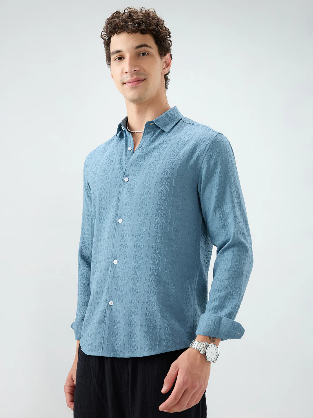 Ocean Teal Motif Raised Textured Crinkled Shirt - Image 6