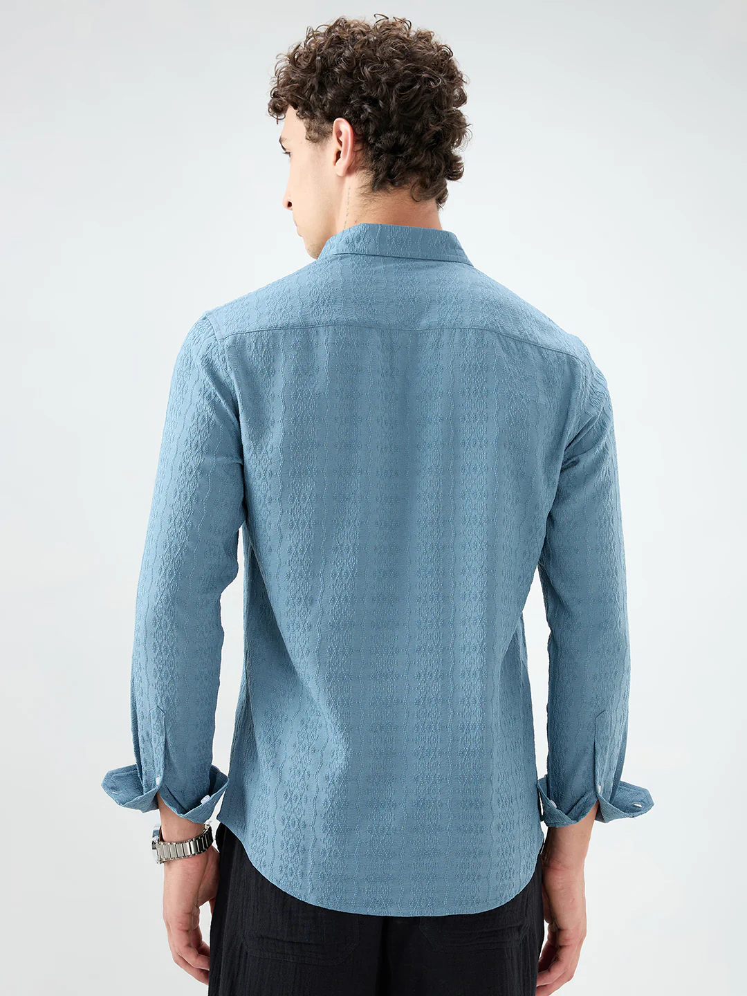 Ocean Teal Motif Raised Textured Crinkled Shirt - Image 7