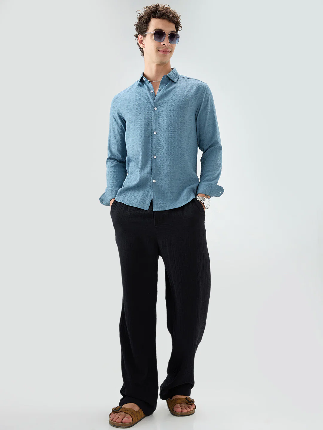 Ocean Teal Motif Raised Textured Crinkled Shirt - Image 8