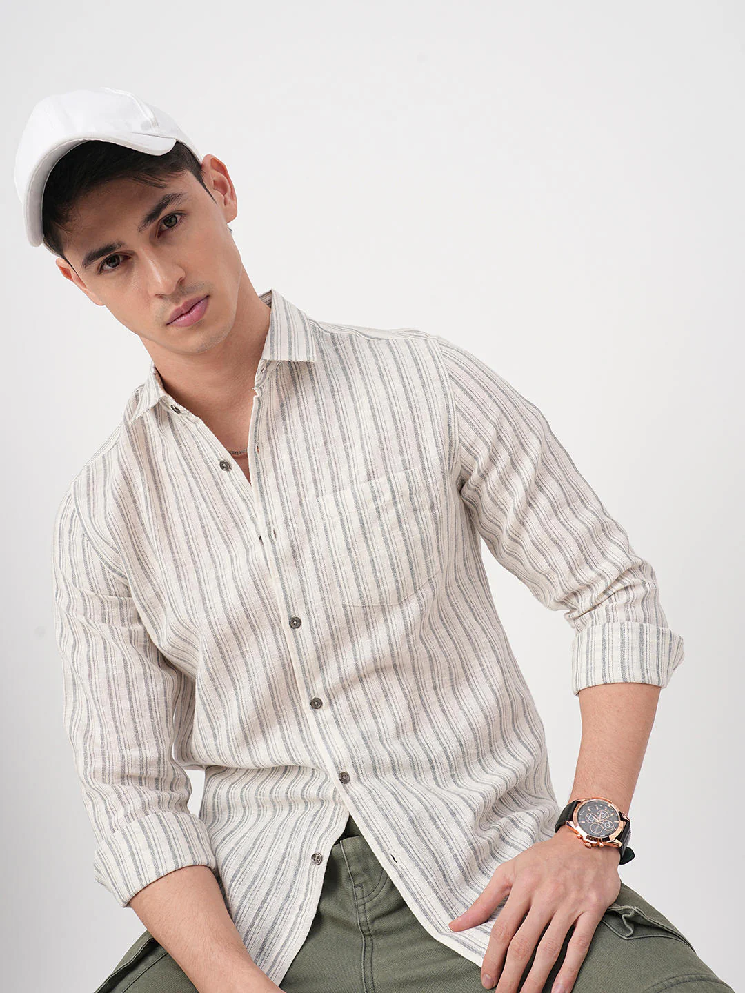Off-White & Grey Vertical Striped Burlap Shirt - Image 4