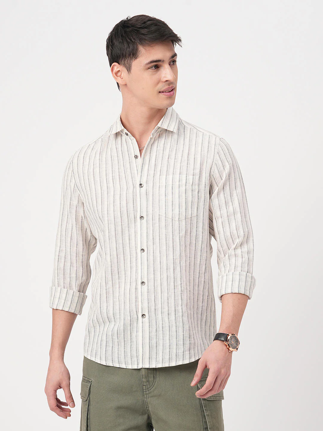 Off-White & Grey Vertical Striped Burlap Shirt - Image 5