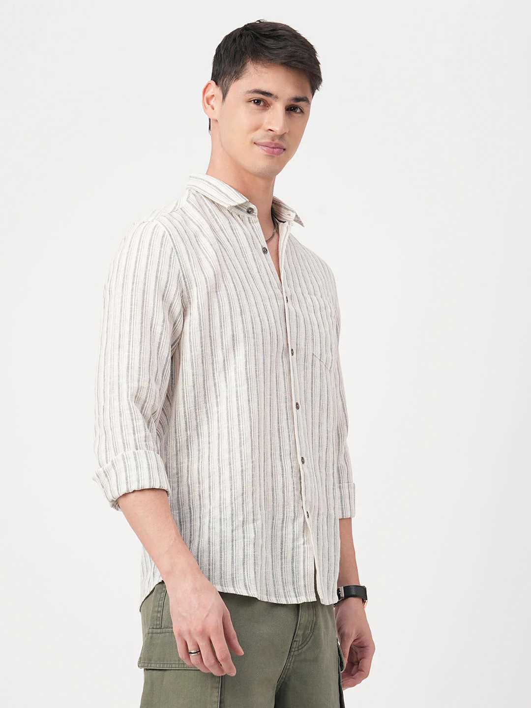 Off-White & Grey Vertical Striped Burlap Shirt - Image 6