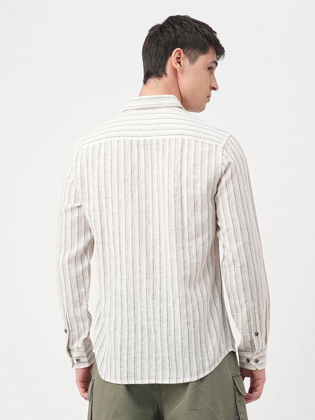 Off-White & Grey Vertical Striped Burlap Shirt - Image 7