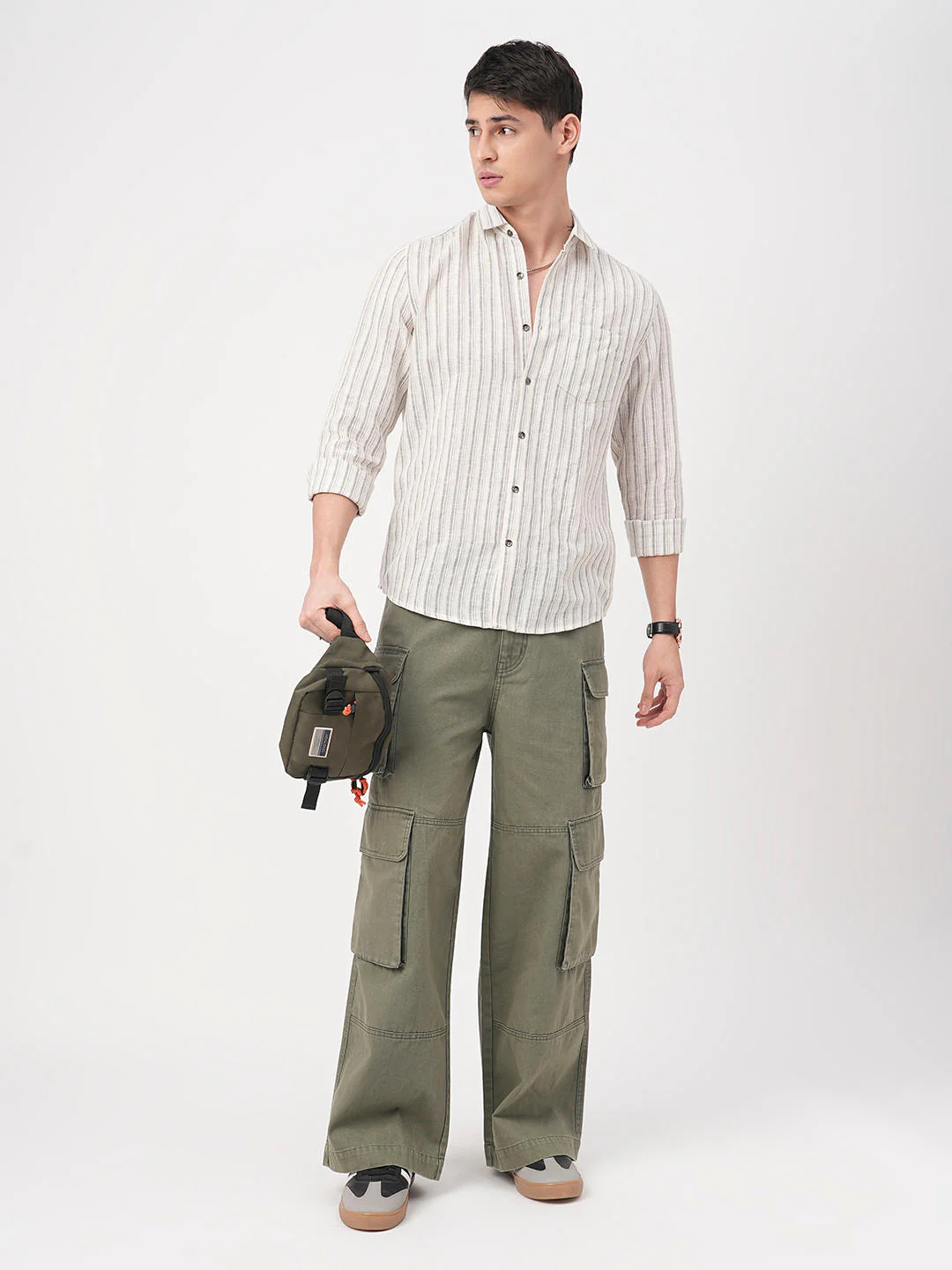 Off-White & Grey Vertical Striped Burlap Shirt - Image 8