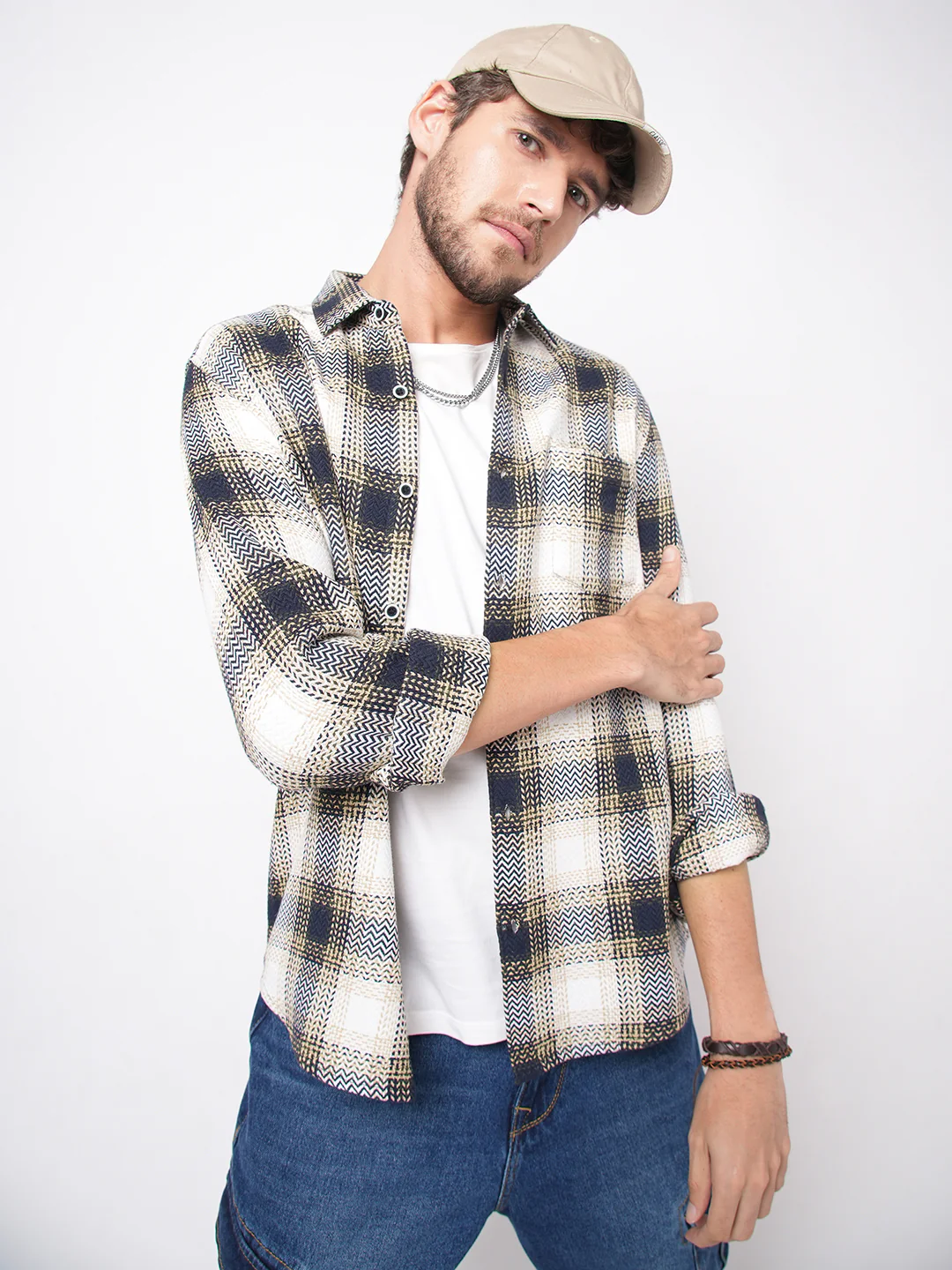 Off-White & Black Chevron Echo Tweed Checks Shirt - Image 4